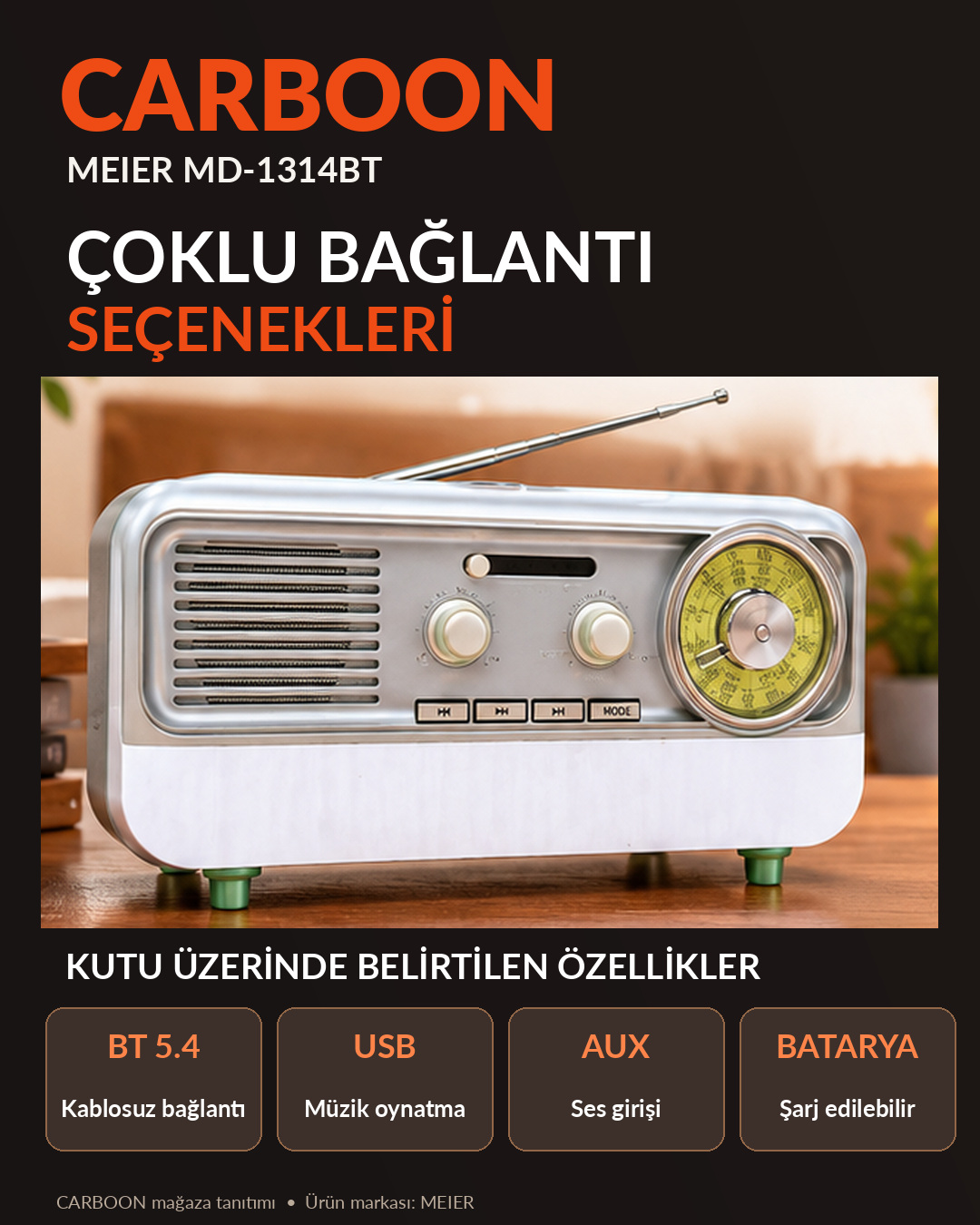 CARBOON  MD-1314BT Bluetooth 5.4 Nostaljik Retro Radyo USB AUX Girişli Şarj Edilebilir Taşınabilir Hi-Fi Hoparlör