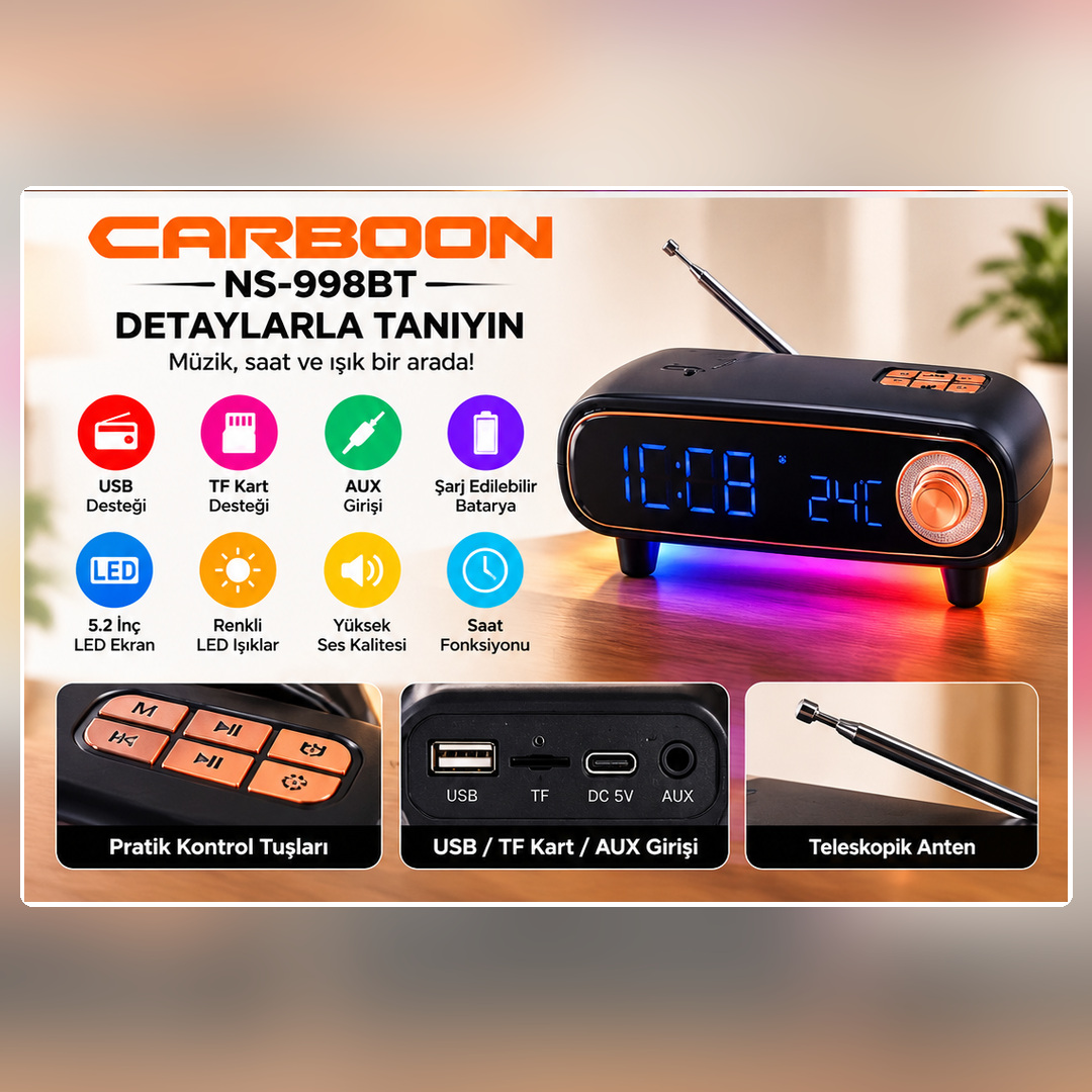 CARBOON NS-998BT Bluetooth Hoparlör 5.2 İnç LED Ekranlı Renkli Işıklı Dijital Saat Göstergeli Retro Tasarım