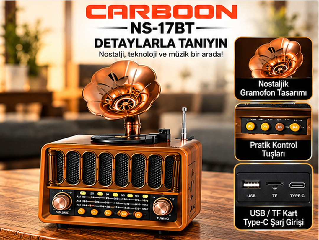 NNS NS-17BT Nostaljik Gramofon Tasarımlı Bluetooth Retro Radyo TWS USB TF Kart Destekli AM FM SW 3 Bant Şarjlı Müzik Çalar