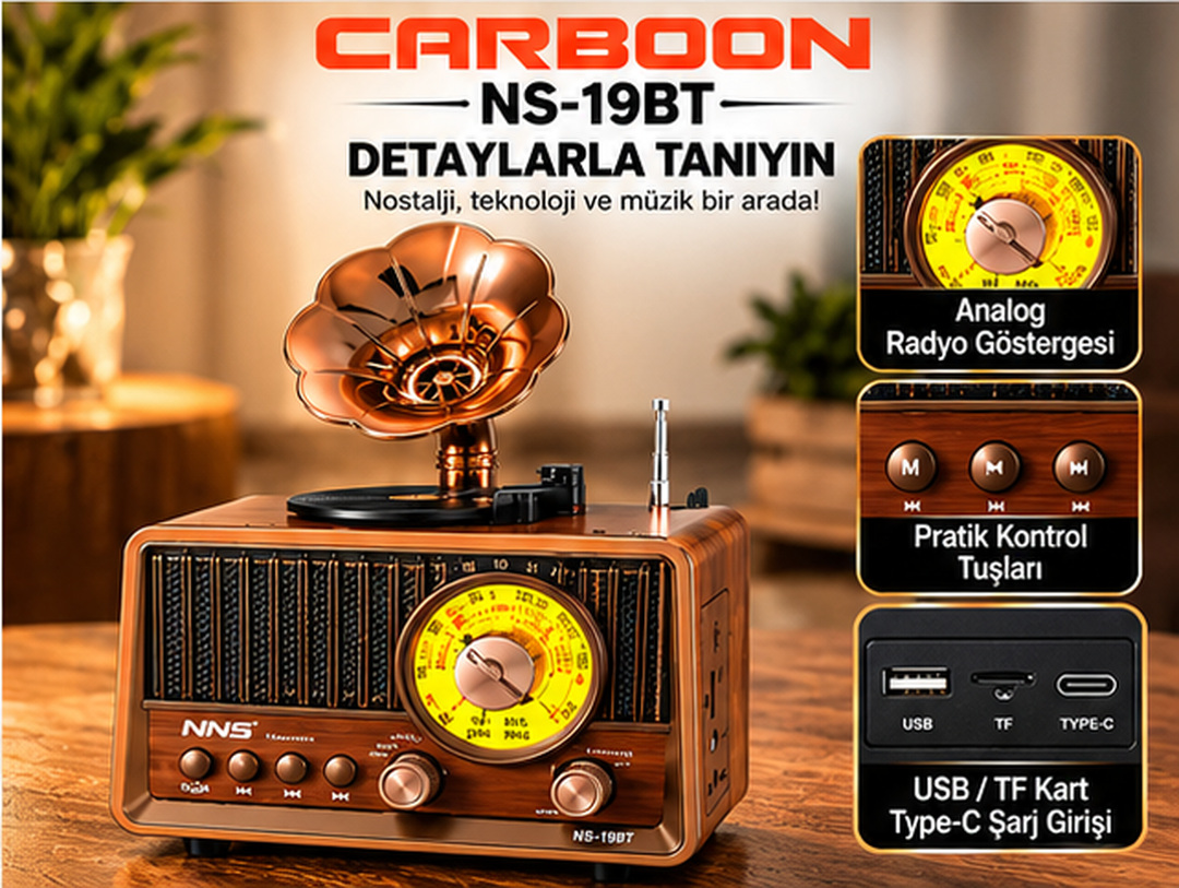 NNS NS-19BT Nostaljik Gramofon Tasarımlı Bluetooth Retro Radyo Analog Frekans Göstergeli USB TF Kart TWS Destekli Şarjlı Müzik Çalar