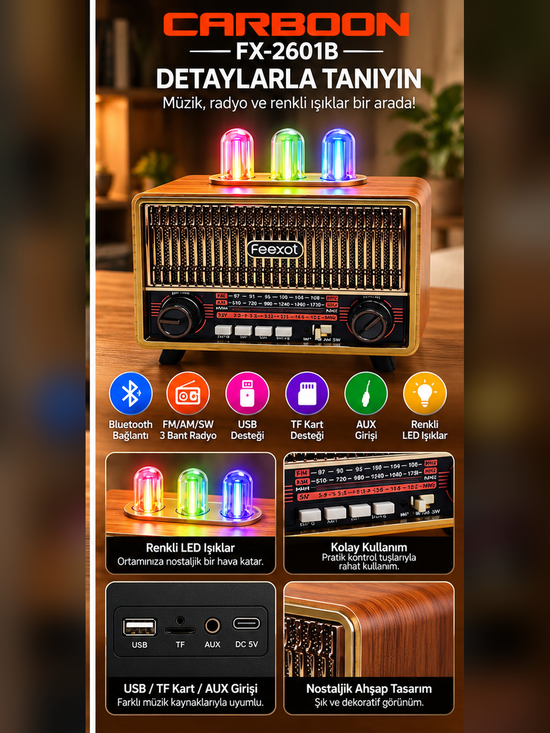 Feexot FX-2601B Nostaljik Retro Radyo Bluetooth FM AM SW 3 Bant USB TF Kart AUX Girişli Renkli Işıklı Şarjlı Müzik Çalar