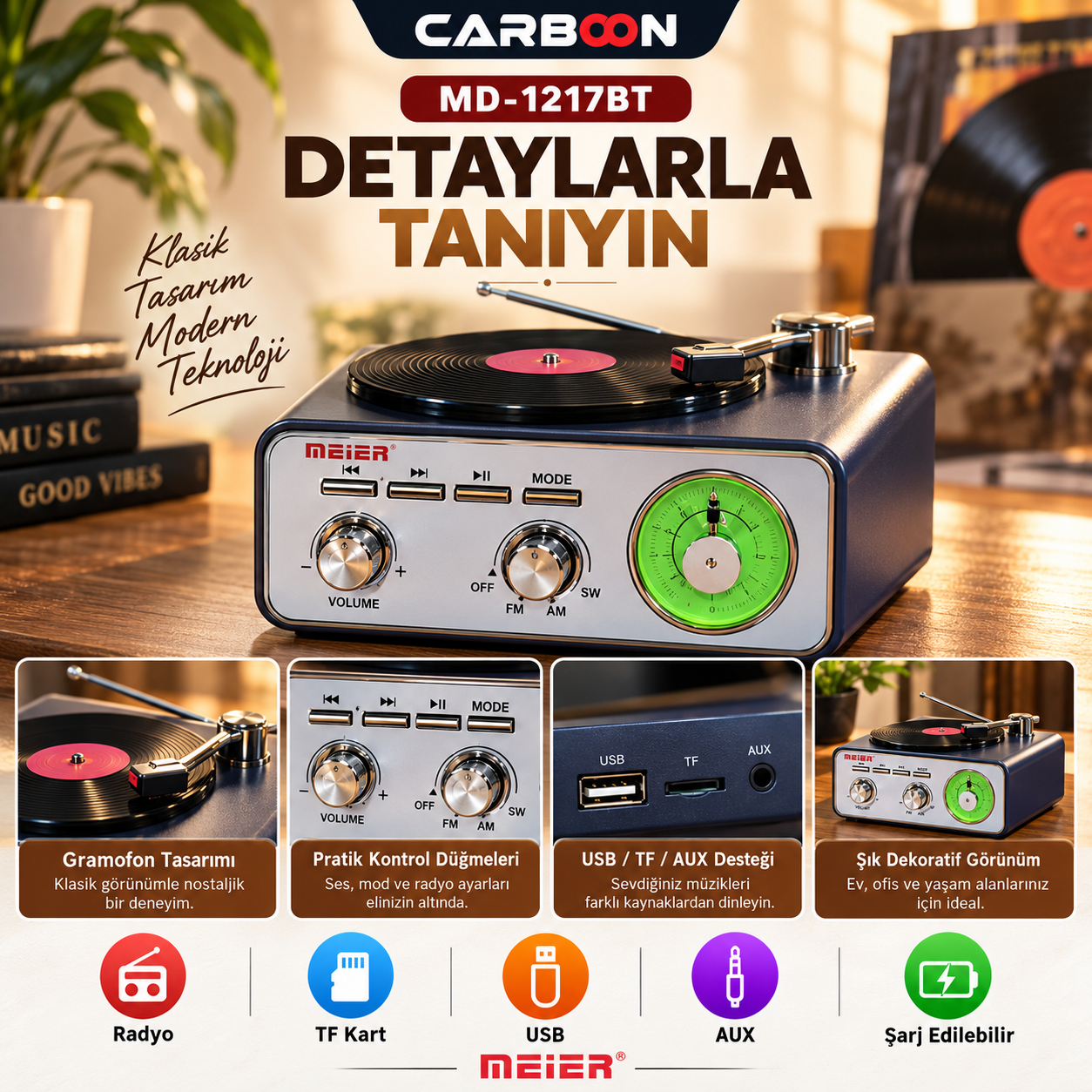 MEIER MD-1217BT Nostaljik Gramofon Tasarımlı Bluetooth Retro Radyo USB TF Kart AUX Destekli Şarjlı Müzik Çalar