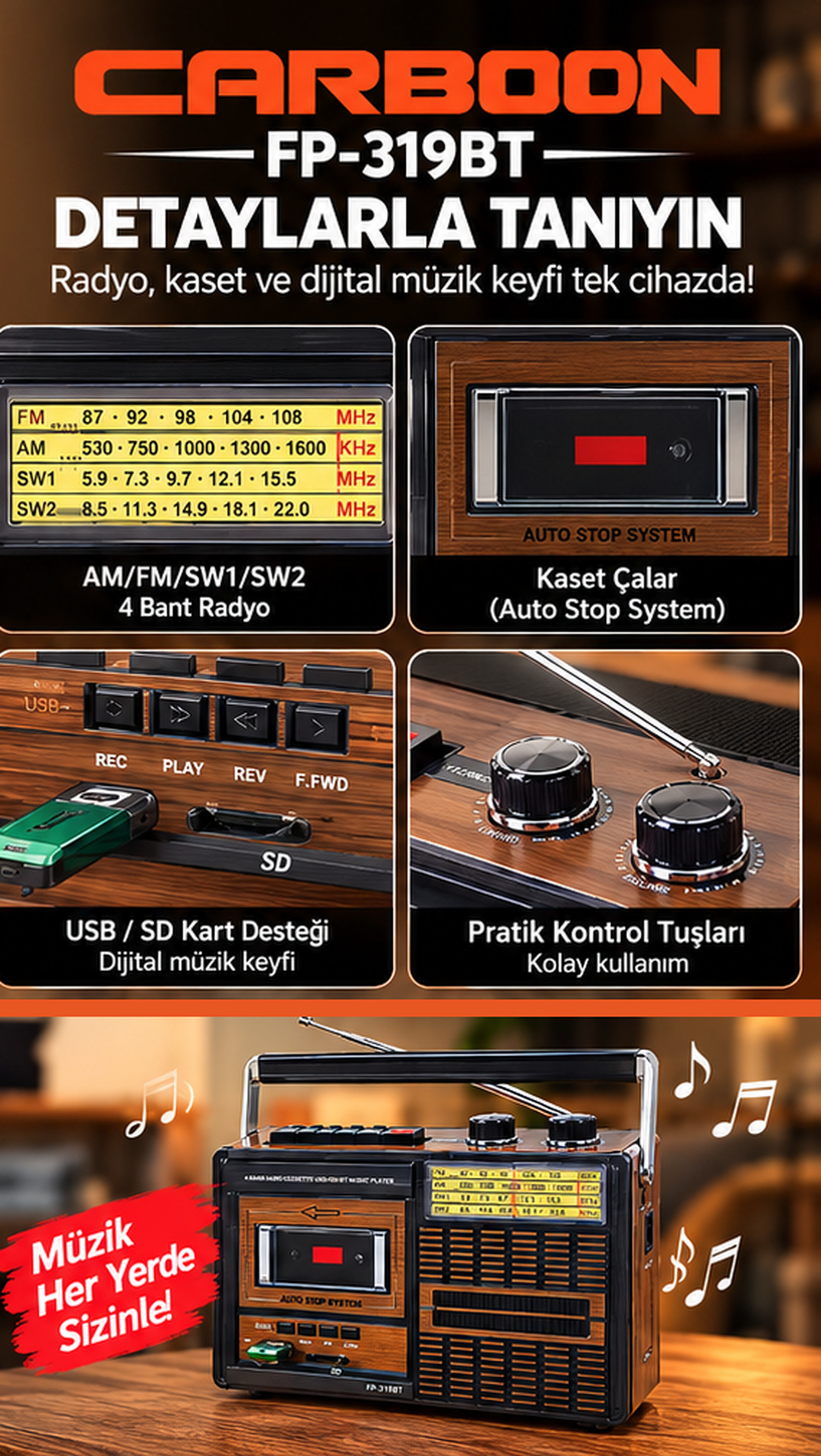 FP-319BT Nostaljik Kasetçalar Retro Radyo Bluetooth USB SD Kart Destekli AM FM SW1 SW2 4 Bant Taşınabilir Müzik Çalar