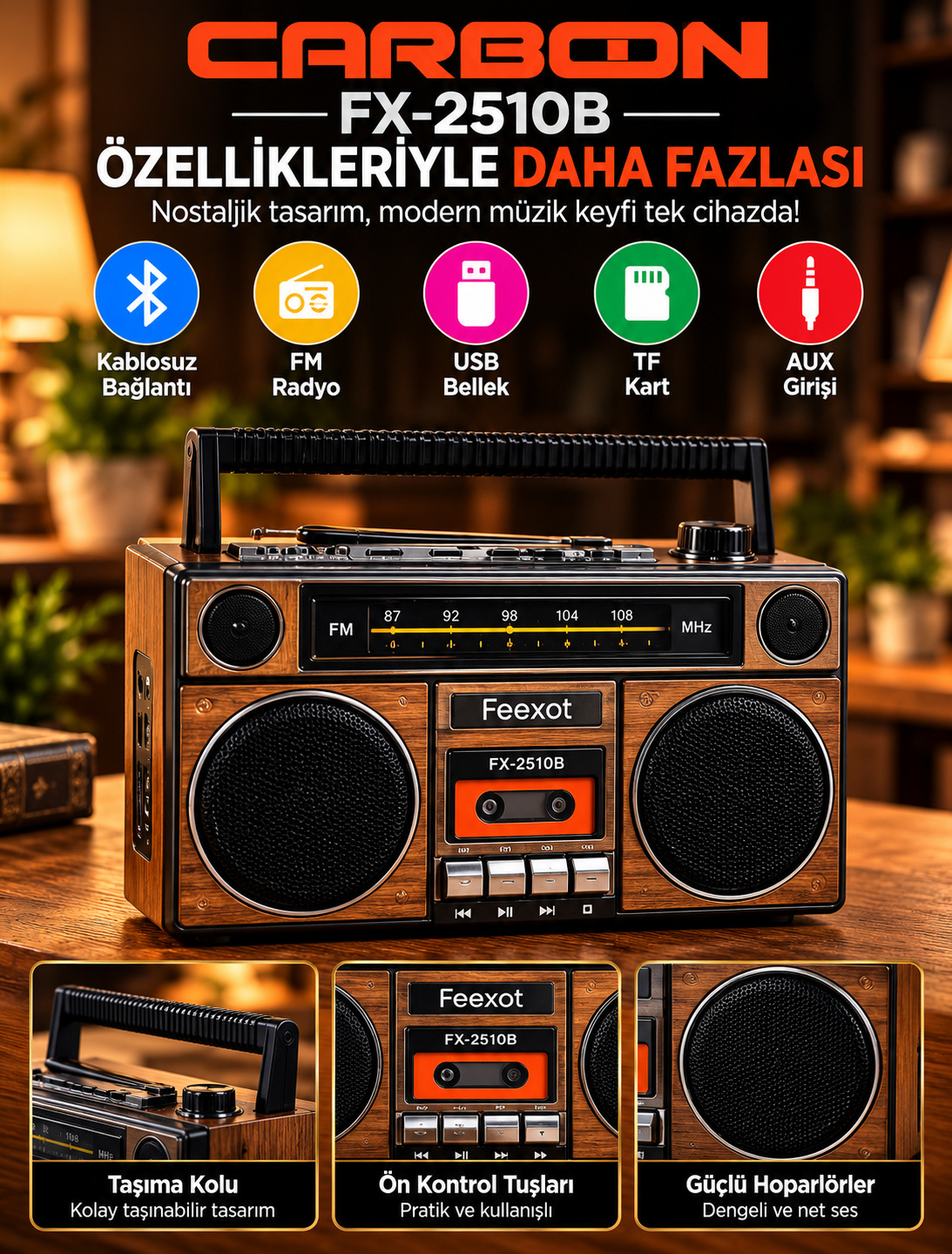 Feexot FX-2510B Nostaljik Retro Boombox FM Radyo USB TF Kart AUX Destekli Kablosuz Müzik Çalar Taşınabilir Hoparlör