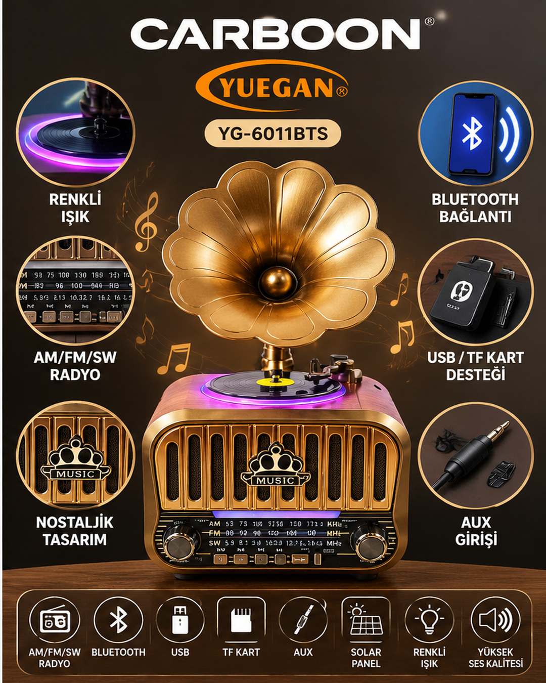 YUEGAN YG-6011BTS Nostaljik Gramofon Tasarımlı Bluetooth Retro Radyo AM FM SW USB TF Kart AUX Solar Panel Destekli Müzik Çalar