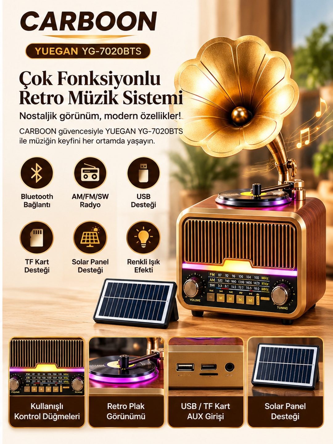 YUEGAN YG-7020BTS Nostaljik Gramofon Tasarımlı Retro Radyo Bluetooth USB TF Kart AM FM SW Solar Panel Destekli Müzik Çalar