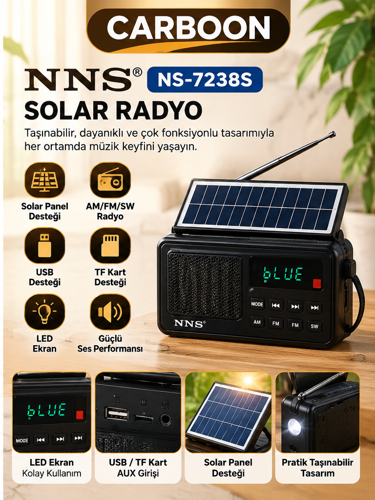 NNS NS-7238S Solar Panel Destekli Taşınabilir Radyo LED Ekranlı Nostaljik Tasarımlı Güneş Enerjili Portatif Radyo