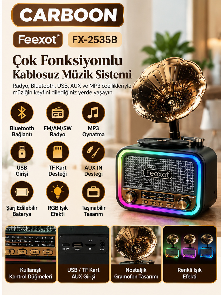 Feexot FX-2535B Nostaljik Gramofon Tasarımlı Bluetooth Retro Radyo AM FM SW 3 Bant USB TF Kart AUX Destekli Şarjlı Müzik Çalar