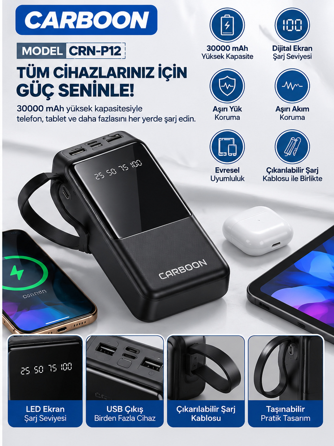 CARBOON CRN-P12 30000 mAh Powerbank Çıkarılabilir Şarj Kablolu Dijital Şarj Göstergeli Yüksek Kapasiteli Taşınabilir Şarj Cihazı