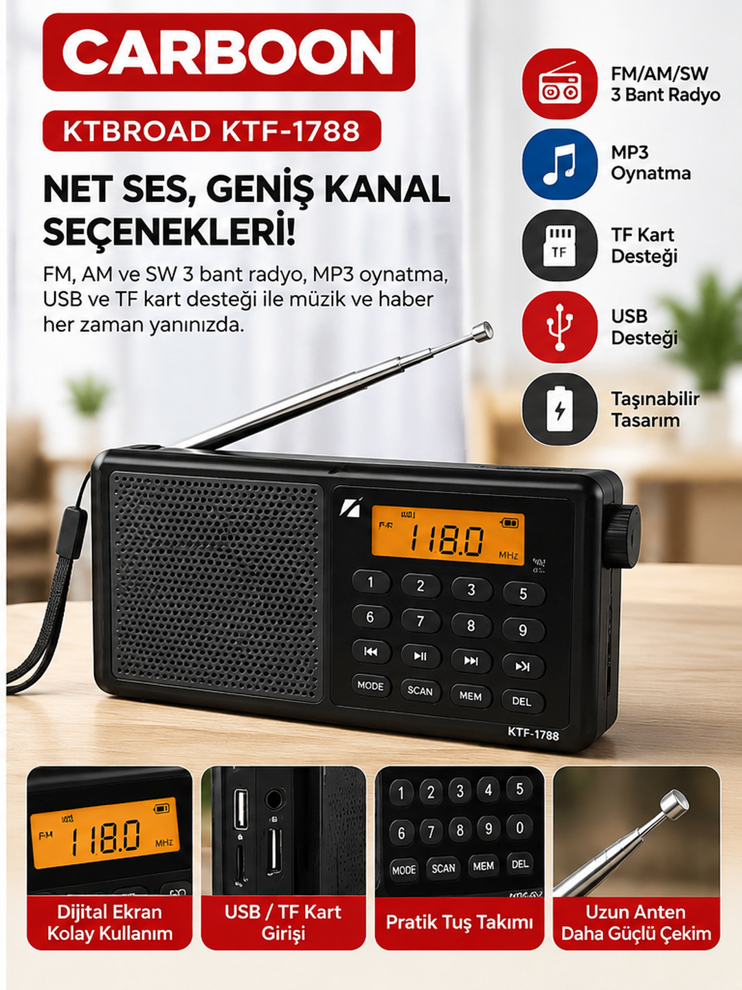 KBroad 3 Bant FM MW SW Dijital Radyo MP3 Çalar LCD Ekranlı Sayısal Tuş Takımlı Taşınabilir Portatif Radyo