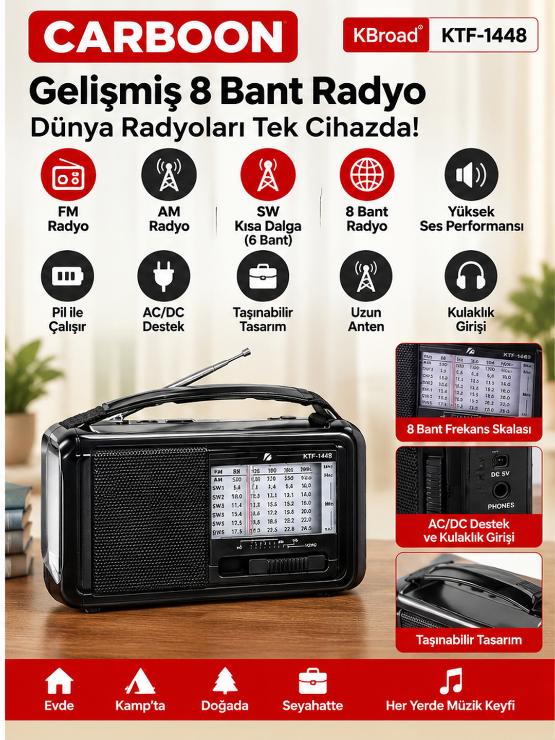 KBroad KTF-1448 8 Bant FM AM SW Taşınabilir Portatif Radyo Analog Frekans Göstergeli Teleskopik Antenli Retro Radyo