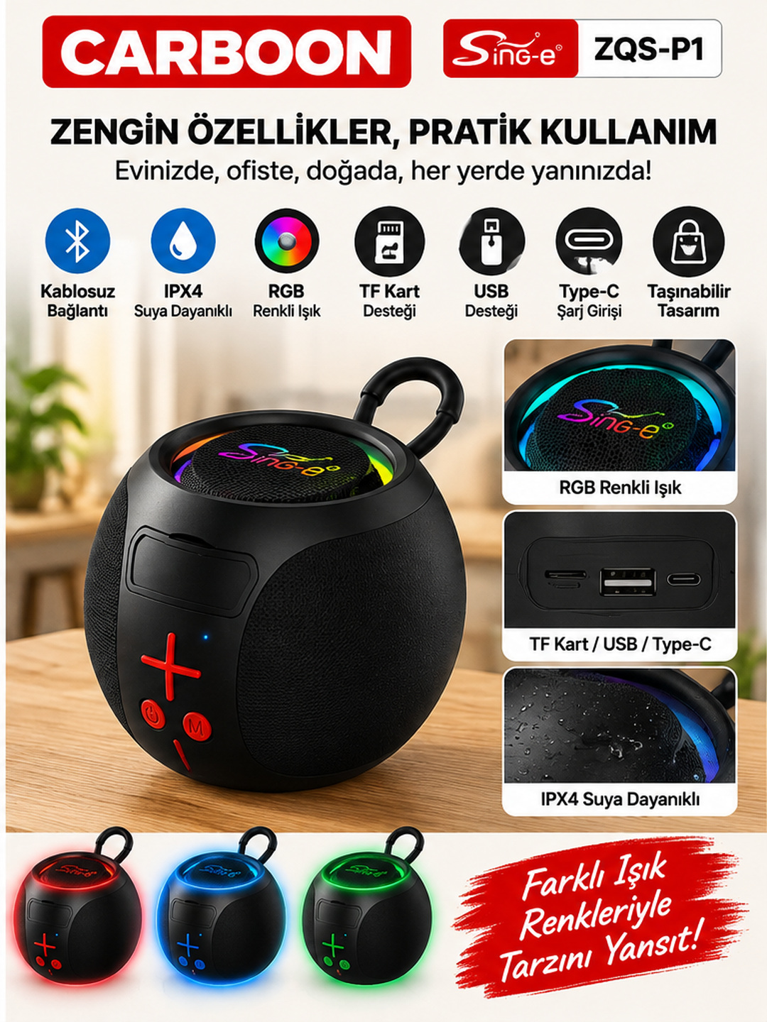 CARBOON ZQS-P1 Bluetooth Taşınabilir Hoparlör RGB Işıklı IPX4 Su Sıçramalarına Dayanıklı USB TF Kart Type-C Destekli Kablosuz Speaker