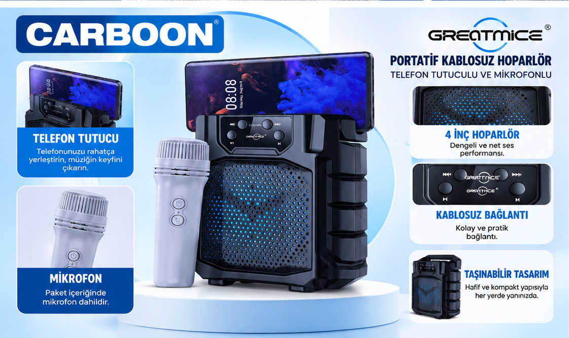 CARBOON 4 İnç Telefon Tutuculu Mikrofonlu Bluetooth Hoparlör Taşınabilir Kablosuz Karaoke Müzik Sistemi  ÜRÜN AÇIKLAMASI