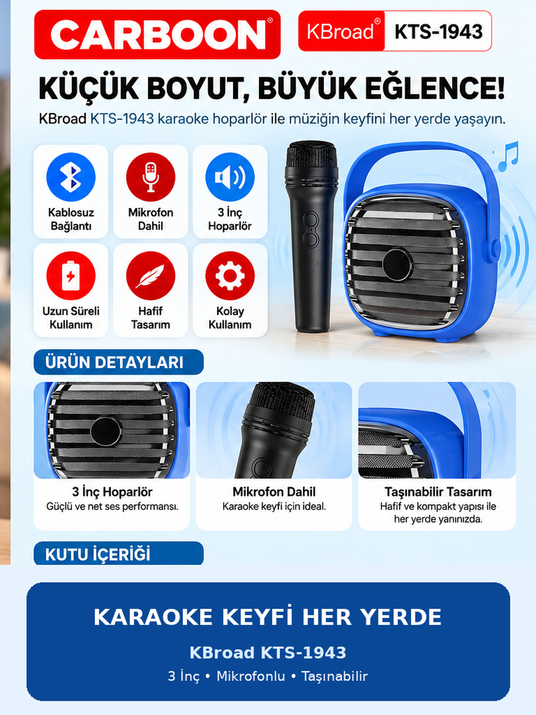 KBroad KTS-1943 3 İnç Mikrofonlu Karaoke Hoparlör Taşınabilir Mini Ses Sistemi Mavi