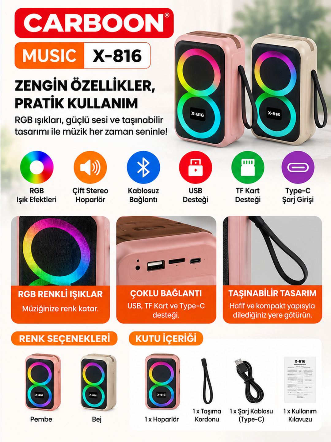 X-816 RGB Işıklı Taşınabilir Hoparlör Çift Stereo Hoparlör Tasarımlı Type-C Girişli Renkli LED Işıklı Müzik Sistemi