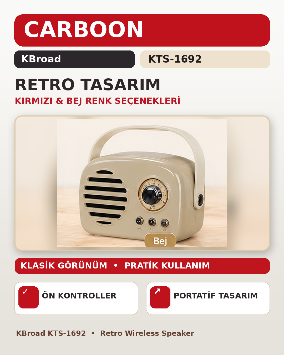 KBroad KTS-1692 Nostaljik Retro Kablosuz Hoparlör Taşınabilir Mini Müzik Sistemi Taşıma Kulplu Kırmızı Bej