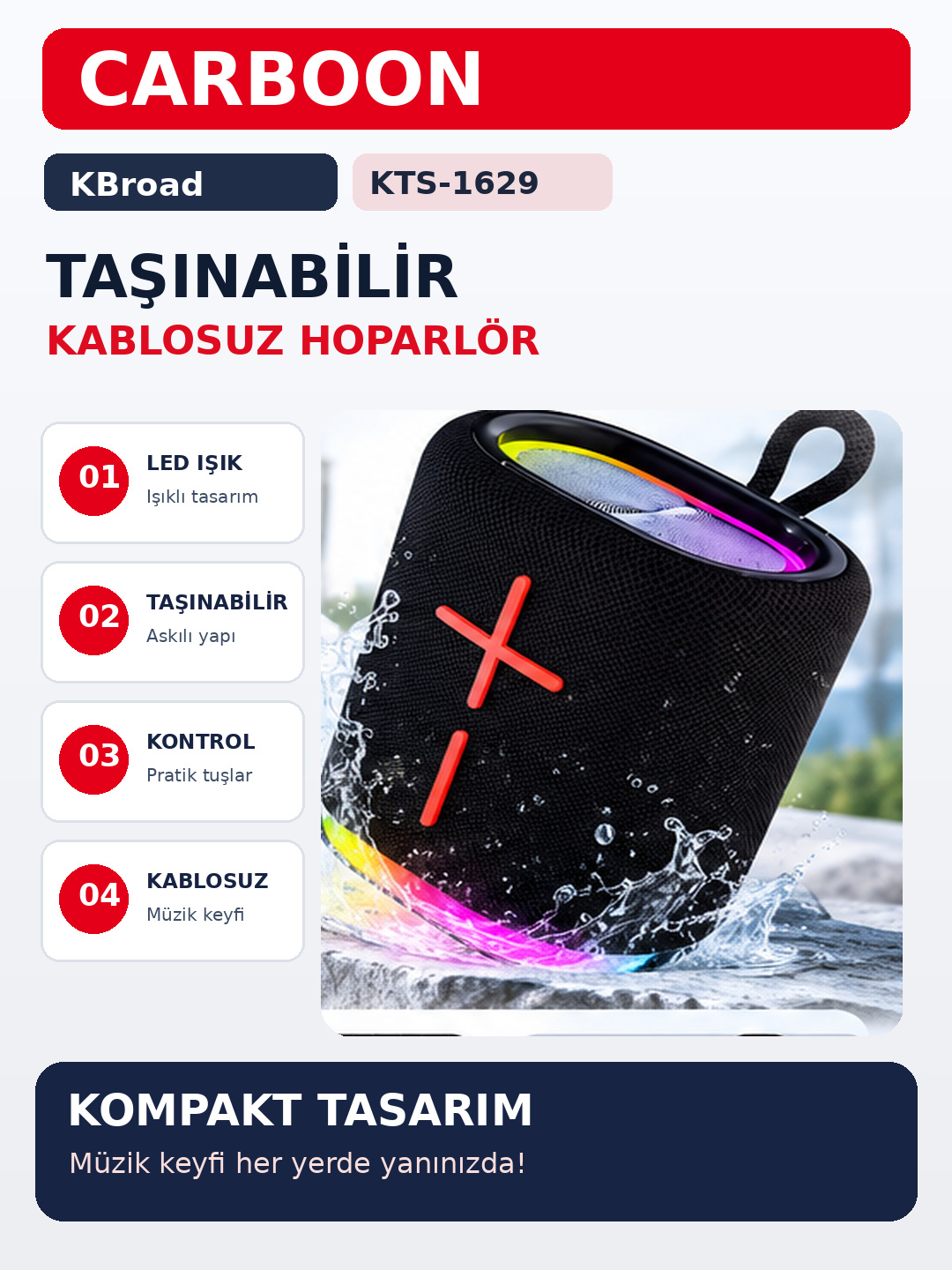 KBroad Portable Kablosuz Bluetooth Hoparlör LED Işıklı Taşınabilir Mini Müzik Sistemi Askılı Siyah Speaker