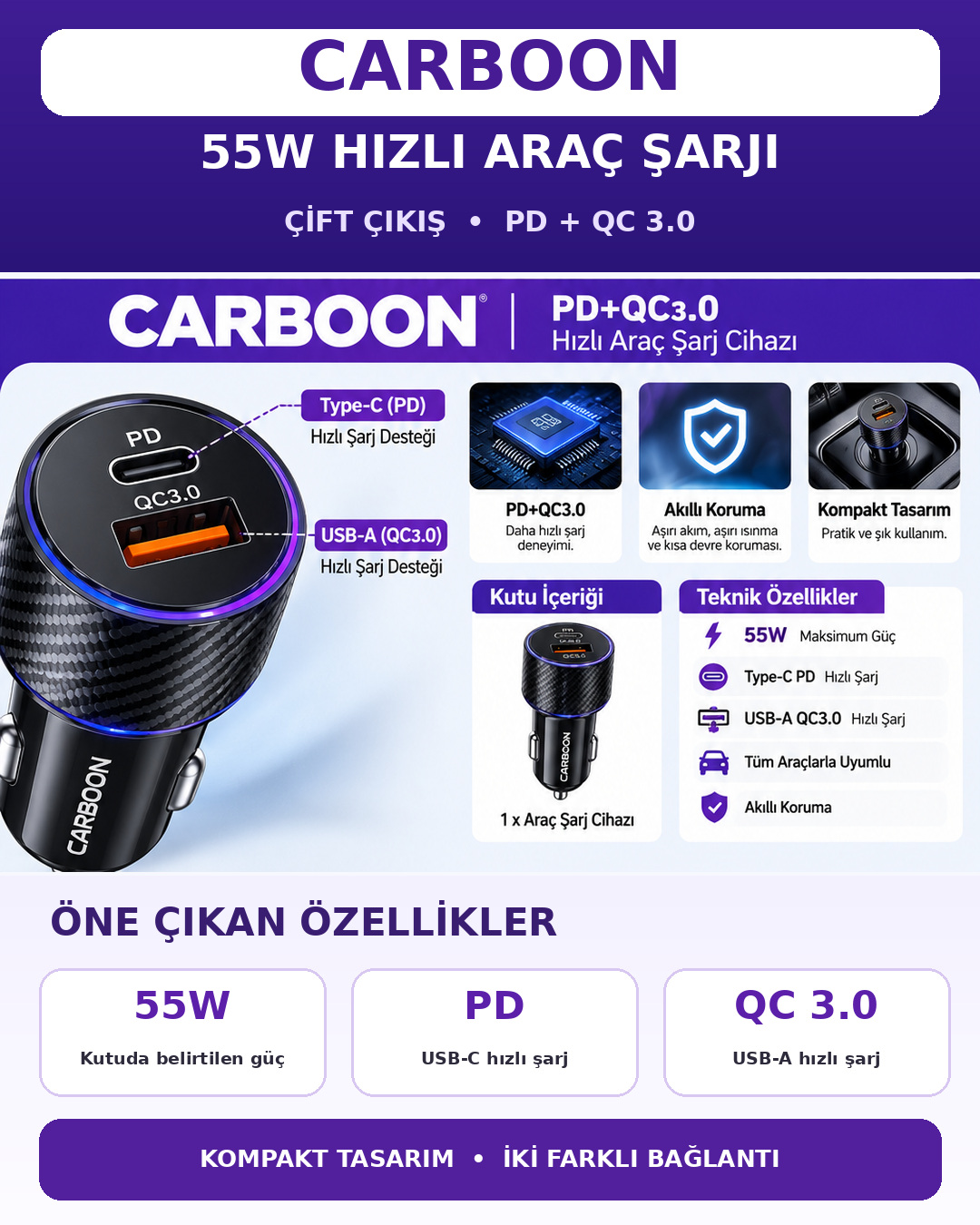 CARBOON 55W PD + QC 3.0 Hızlı Araç Şarj Cihazı Type-C ve USB-A Çift Çıkışlı Çakmaklık Şarj Adaptörü Siyah