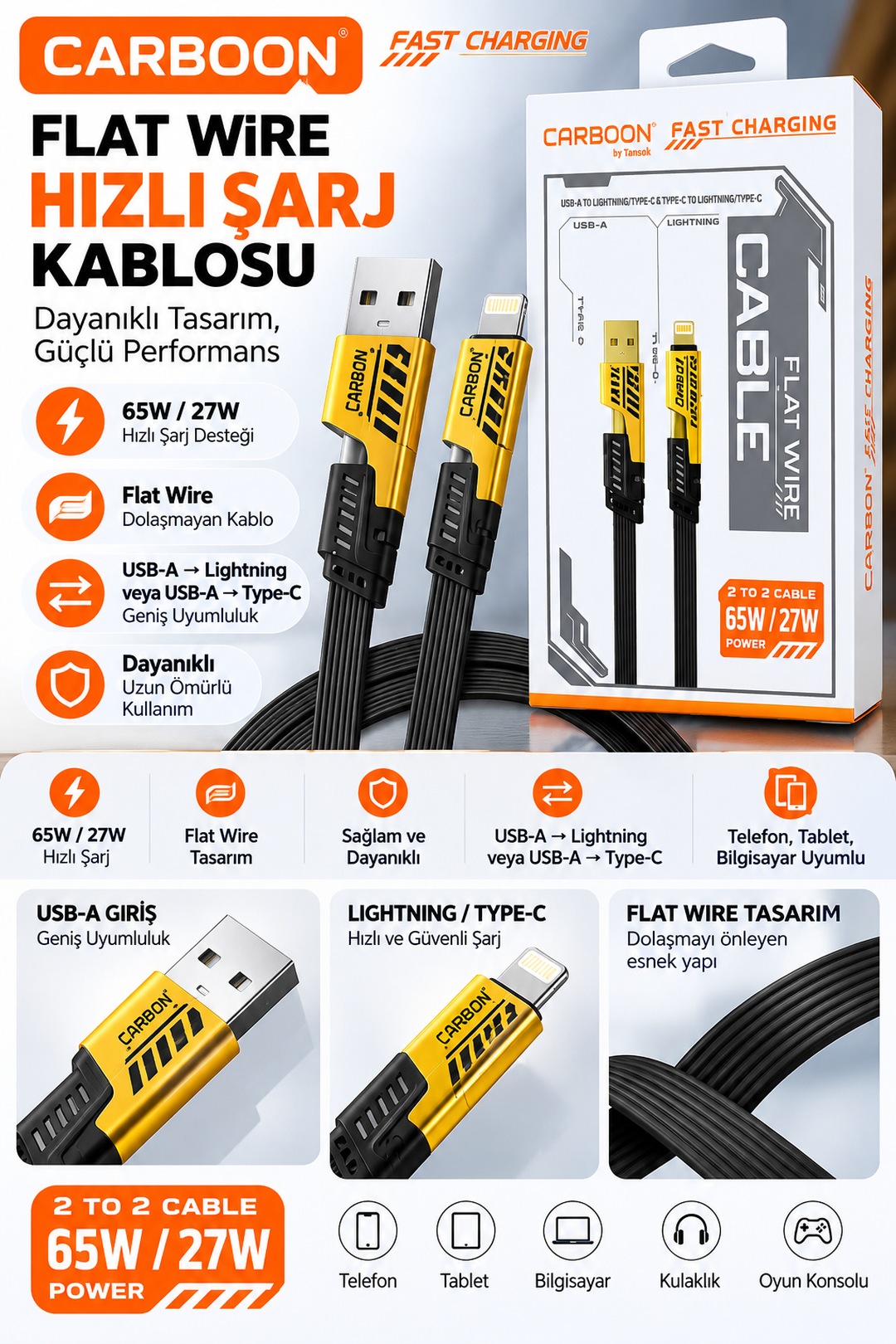 CARBOON Fast Charging 65W/27W 2'si 1 Arada Hızlı Şarj Kablosu USB-A Type-C Lightning Uçlu Flat Wire Örgülü Kablo