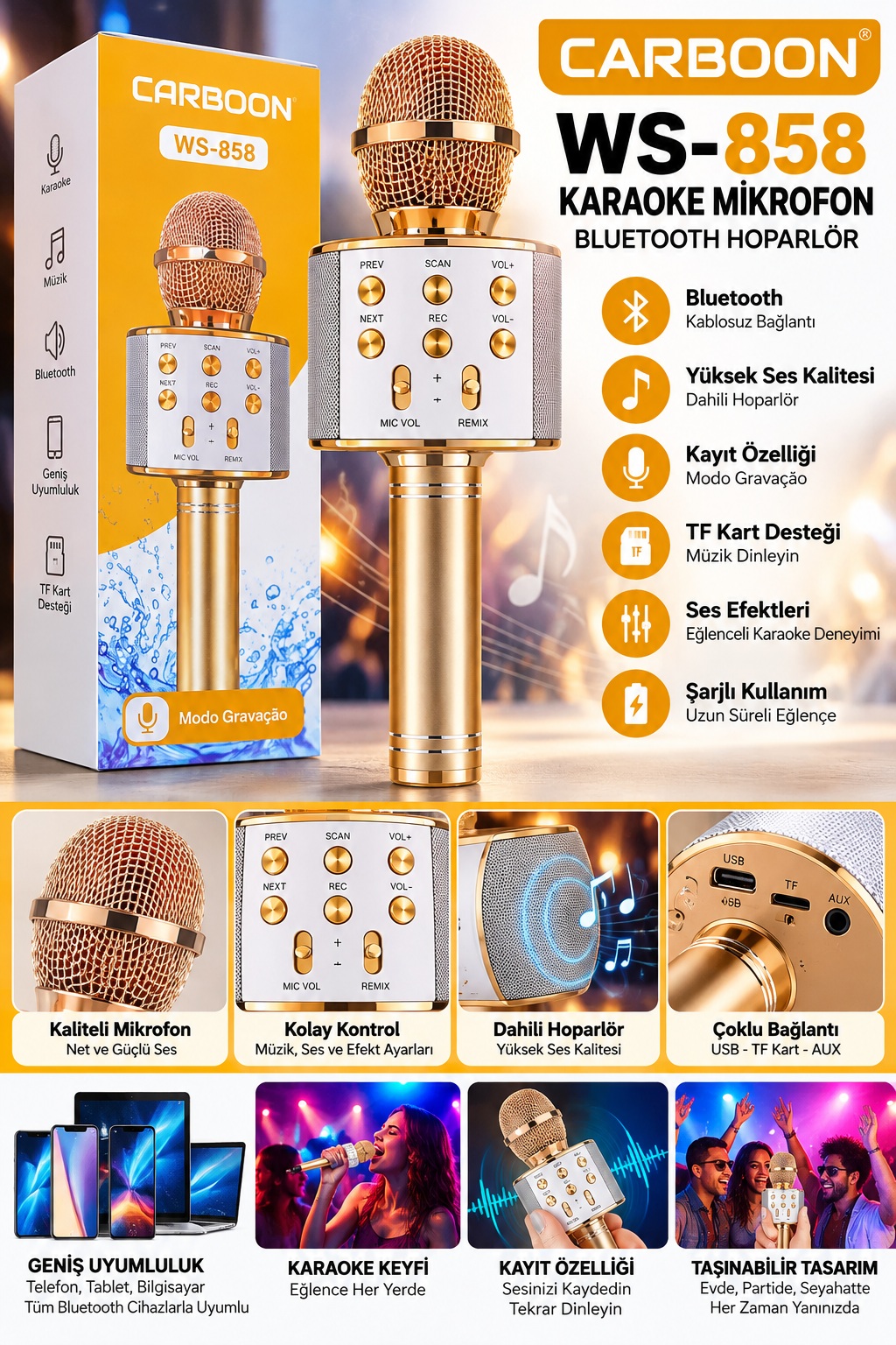 CARBOON WS-858 Bluetooth Karaoke Mikrofonu Dahili Hoparlörlü Kablosuz El Mikrofonu Ses Efektli Taşınabilir Müzik ve Karaoke Sistemi
