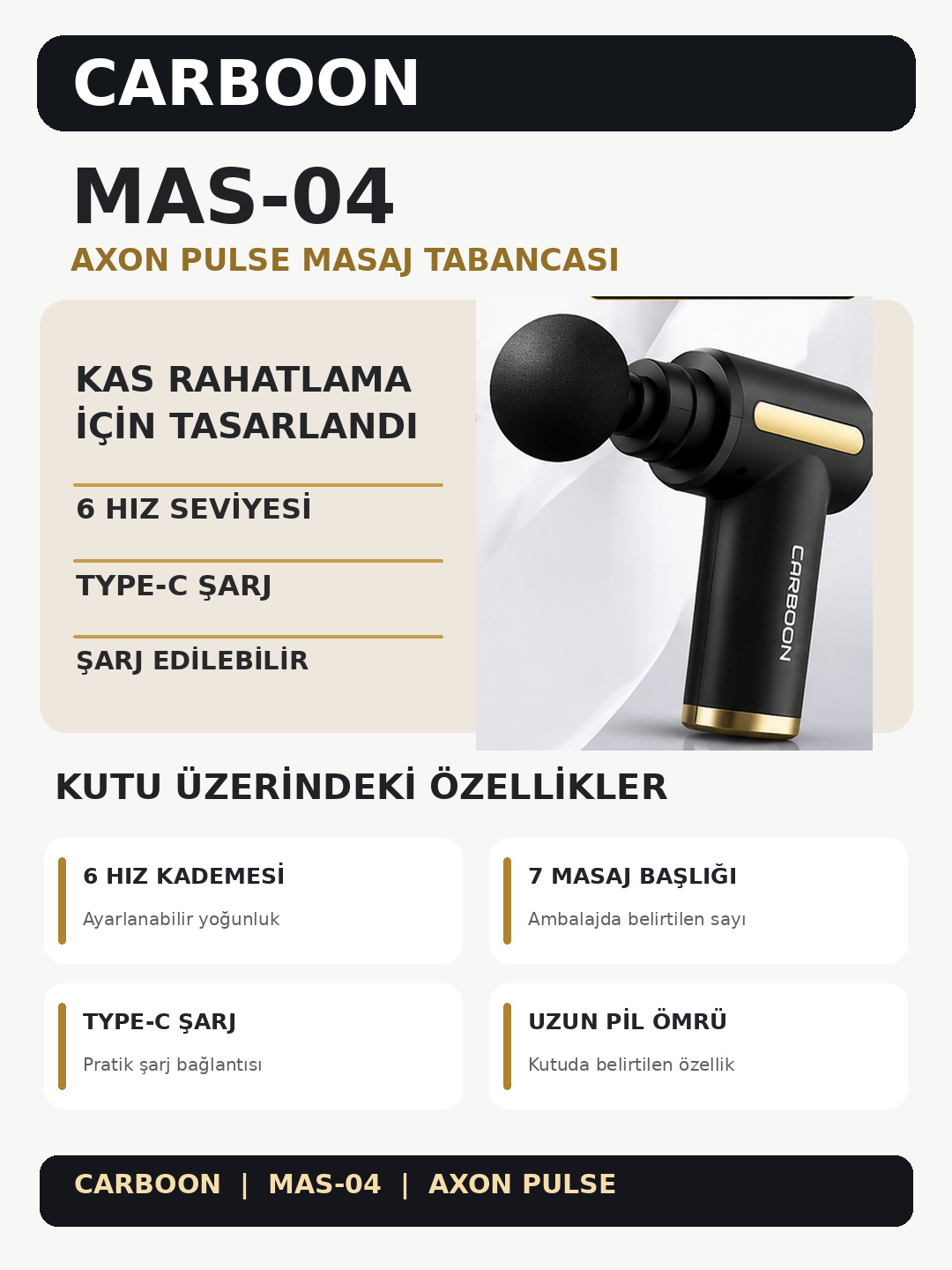 CARBOON MAS-04 Axon Pulse Masaj Tabancası 6 Kademeli Hız Ayarlı 7 Başlıklı Type-C Şarjlı Taşınabilir Kas Masaj Aleti Siyah