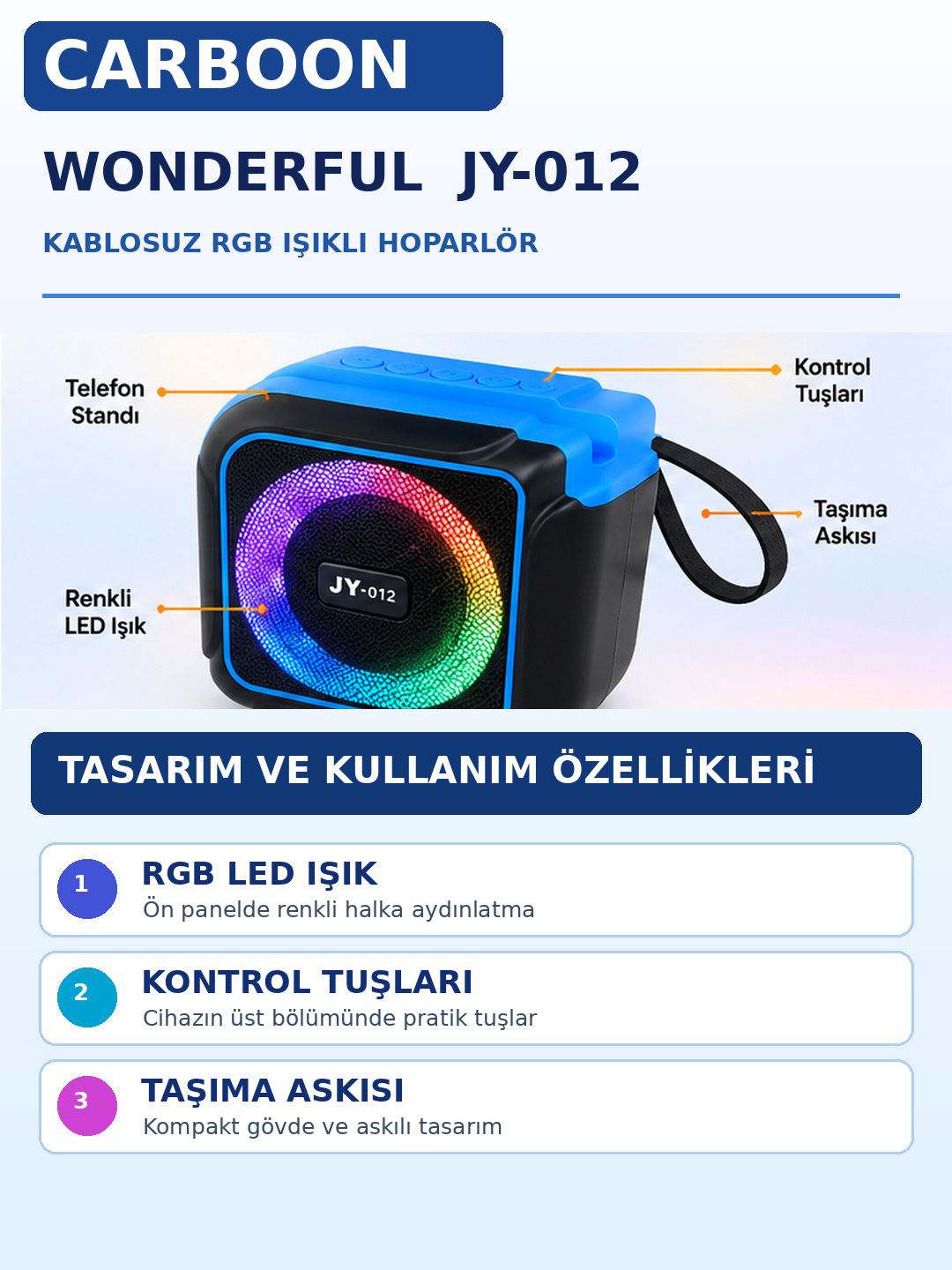 WONDERFUL JY-012 RGB LED Işıklı Taşınabilir Kablosuz Hoparlör Mini Bluetooth Speaker Askılı Müzik Kutusu