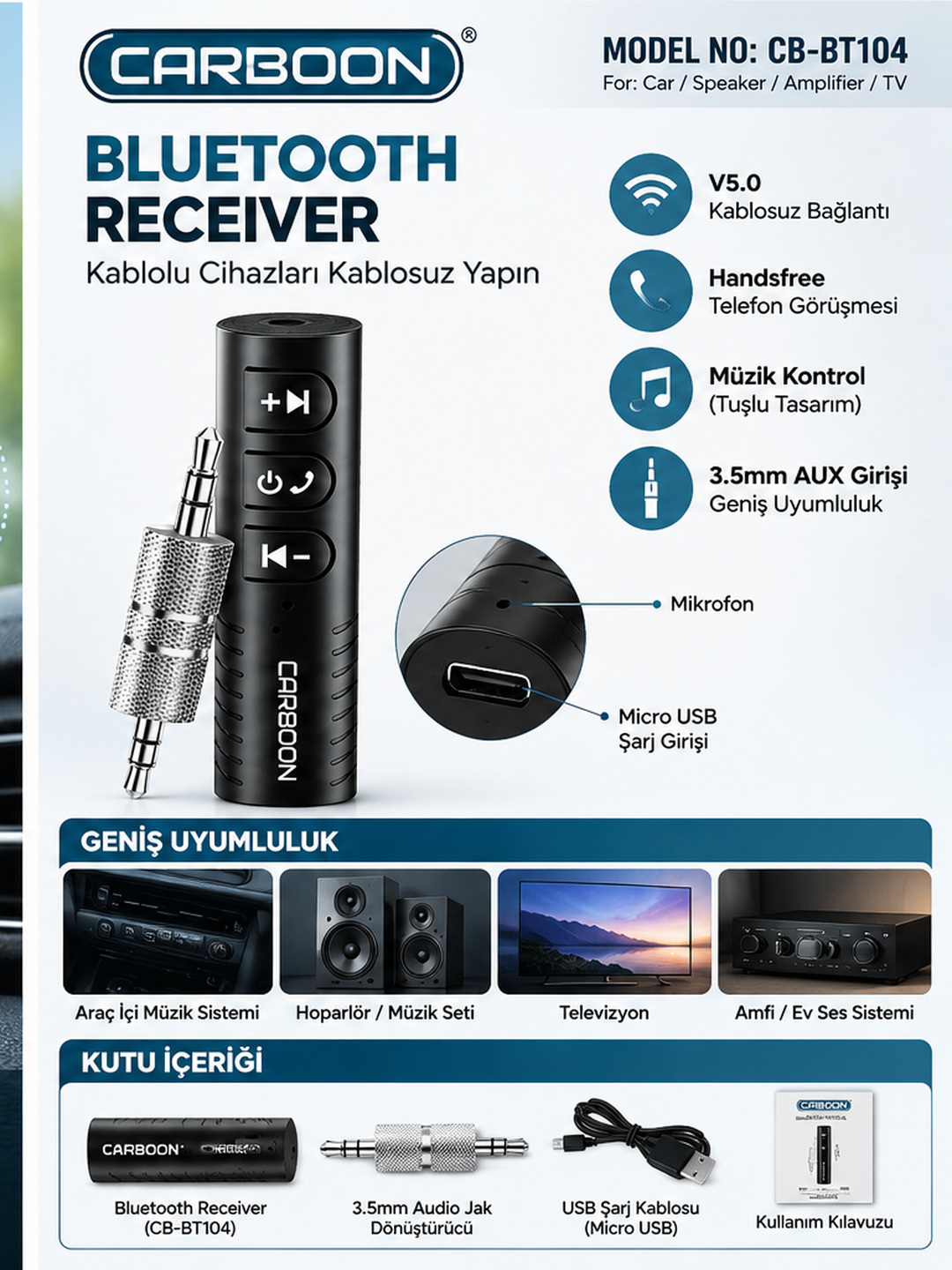 CARBOON CB-BT104 Bluetooth 5.0 AUX Ses Alıcısı 3.5 mm Araç Bluetooth Adaptörü Kablosuz Müzik Alıcı Receiver