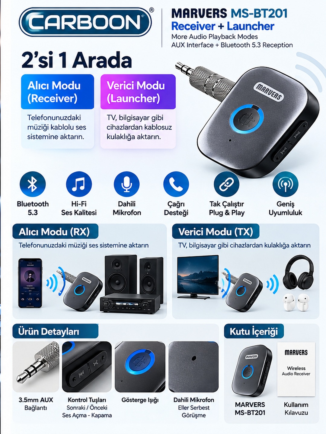CARBOON  MS-BT201 Bluetooth 5.3 AUX Ses Adaptörü 3.5 mm Kablosuz Müzik Alıcısı Mikrofonlu Araç ve Hoparlör Bluetooth Receiver