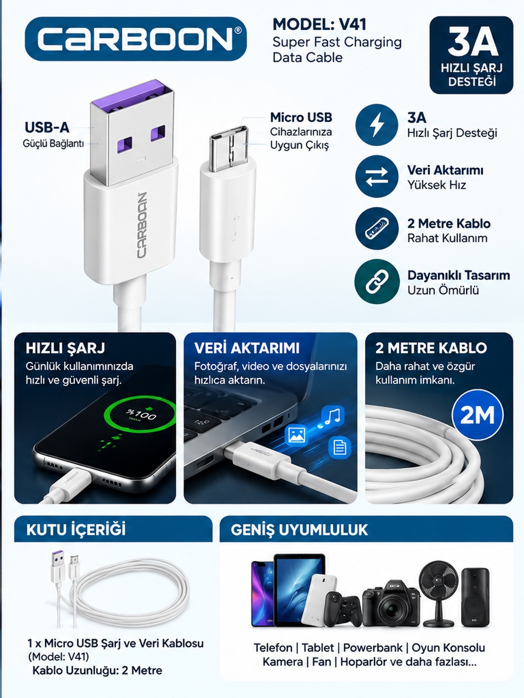 CARBOON V41 3A Micro USB Hızlı Şarj ve Veri Kablosu 2 Metre USB-A Micro USB Beyaz Şarj Kablosu