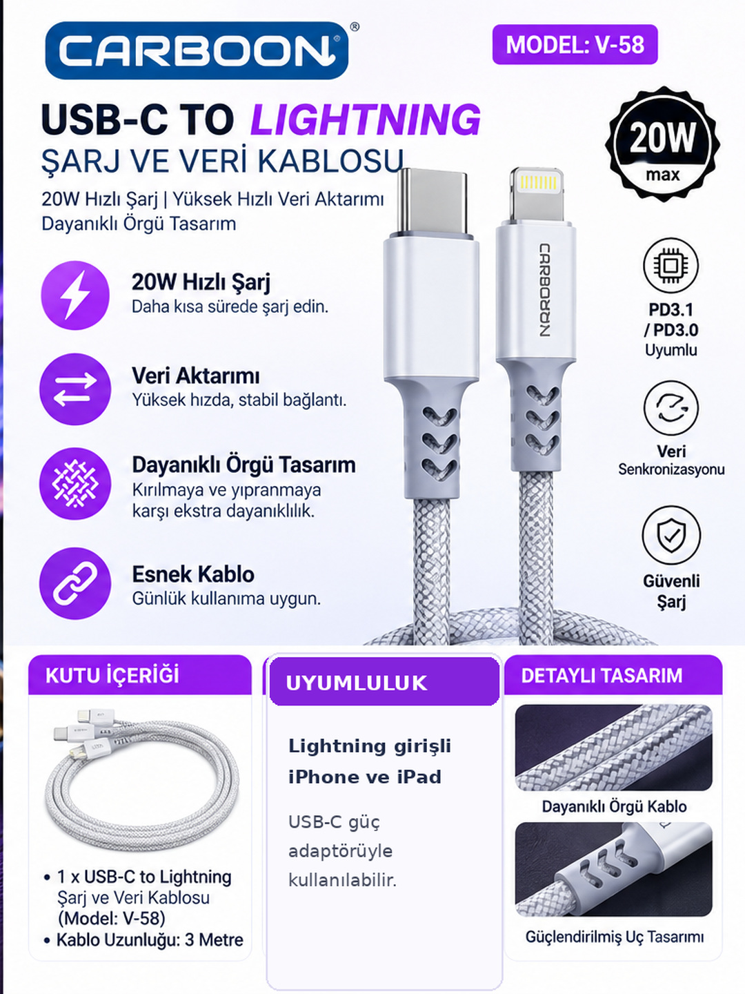CARBOON V-58 20W USB-C to Lightning Hızlı Şarj ve Veri Kablosu 3 Metre Örgülü Type-C Girişli iPhone Şarj Kablosu
