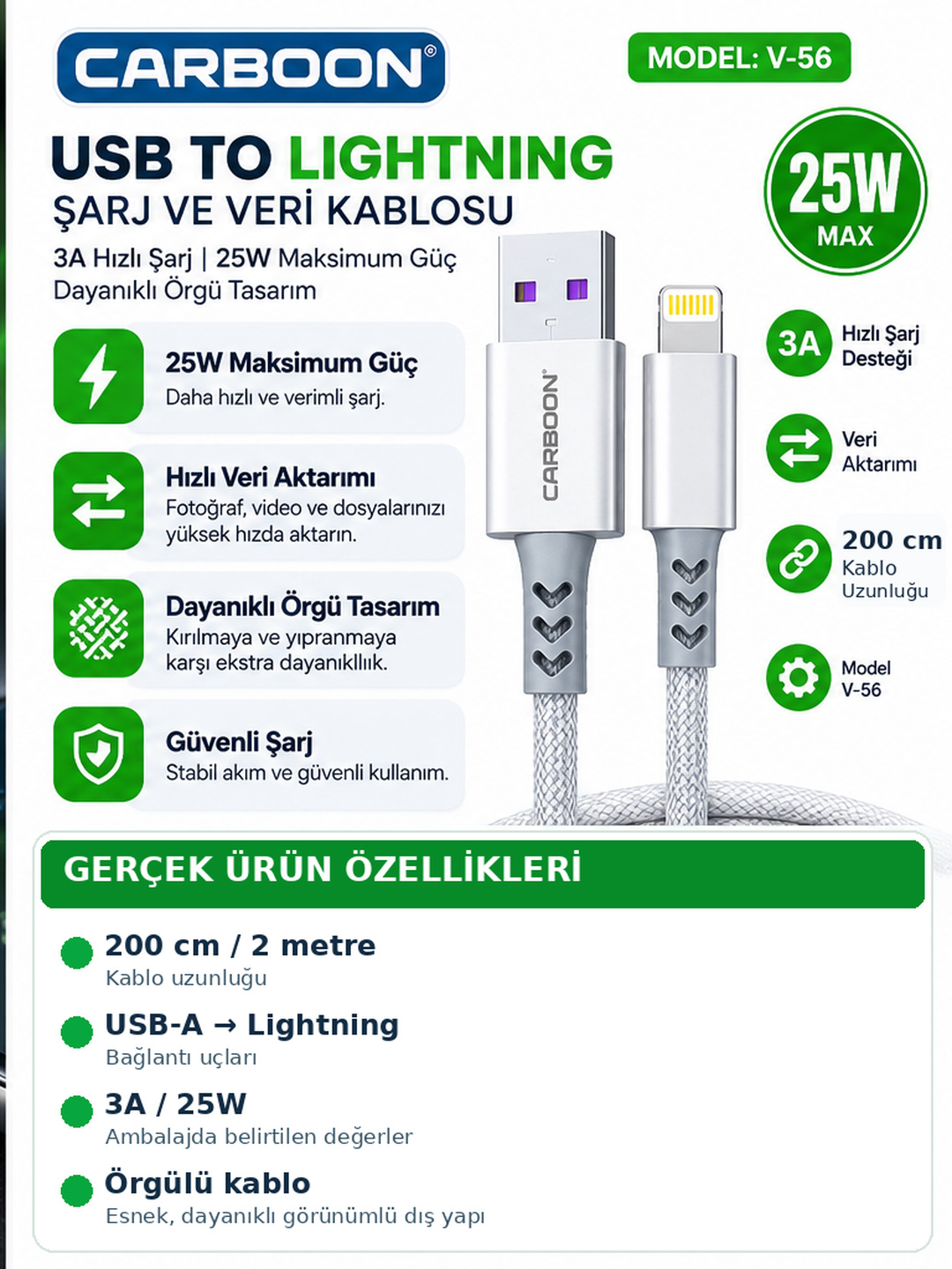 CARBOON V-56 25W 3A USB-A Lightning Hızlı Şarj ve Veri Kablosu 2 Metre Örgülü iPhone Şarj Kablosu