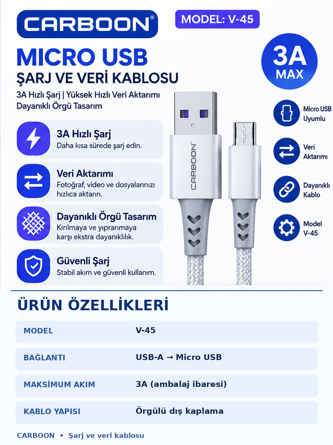 CARBOON V-45 3A Micro USB Hızlı Şarj ve Veri Kablosu USB-A Girişli Örgülü Dayanıklı Tasarımlı Beyaz Şarj Kablosu