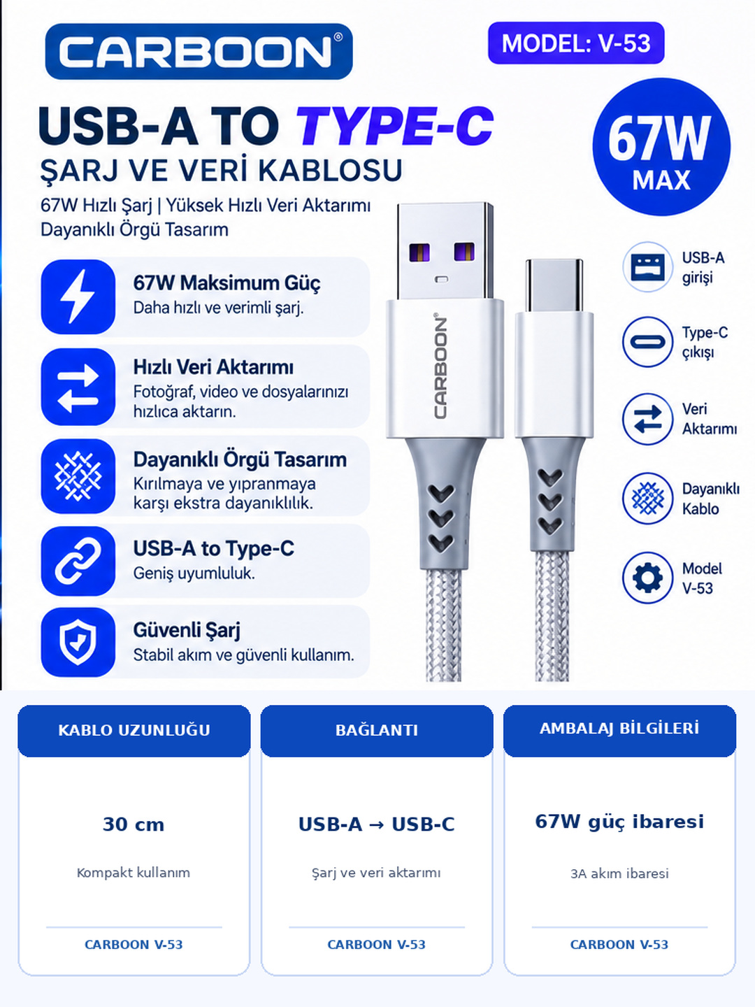 CARBOON V-53 67W 3A USB Type-C Hızlı Şarj ve Veri Kablosu 30 cm USB-A Girişli Örgülü Kısa Şarj Kablosu