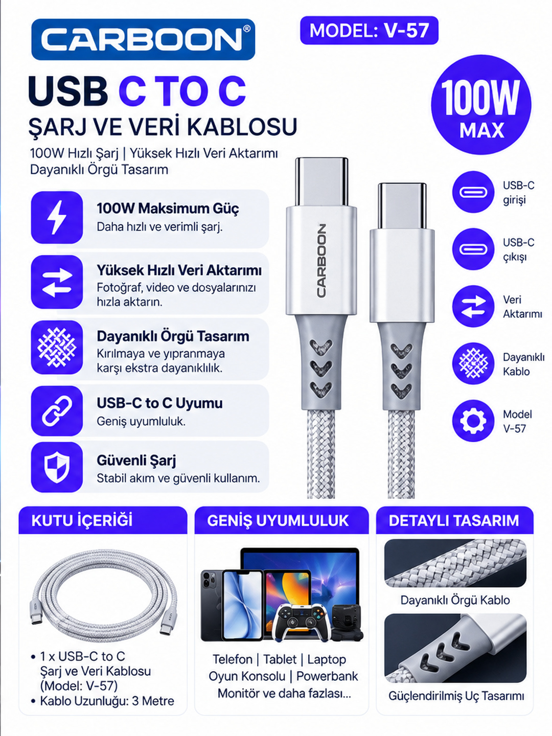 CARBOON V-57 100W USB-C to USB-C Hızlı Şarj ve Veri Kablosu 3 Metre Örgülü Type-C Şarj Kablosu Beyaz