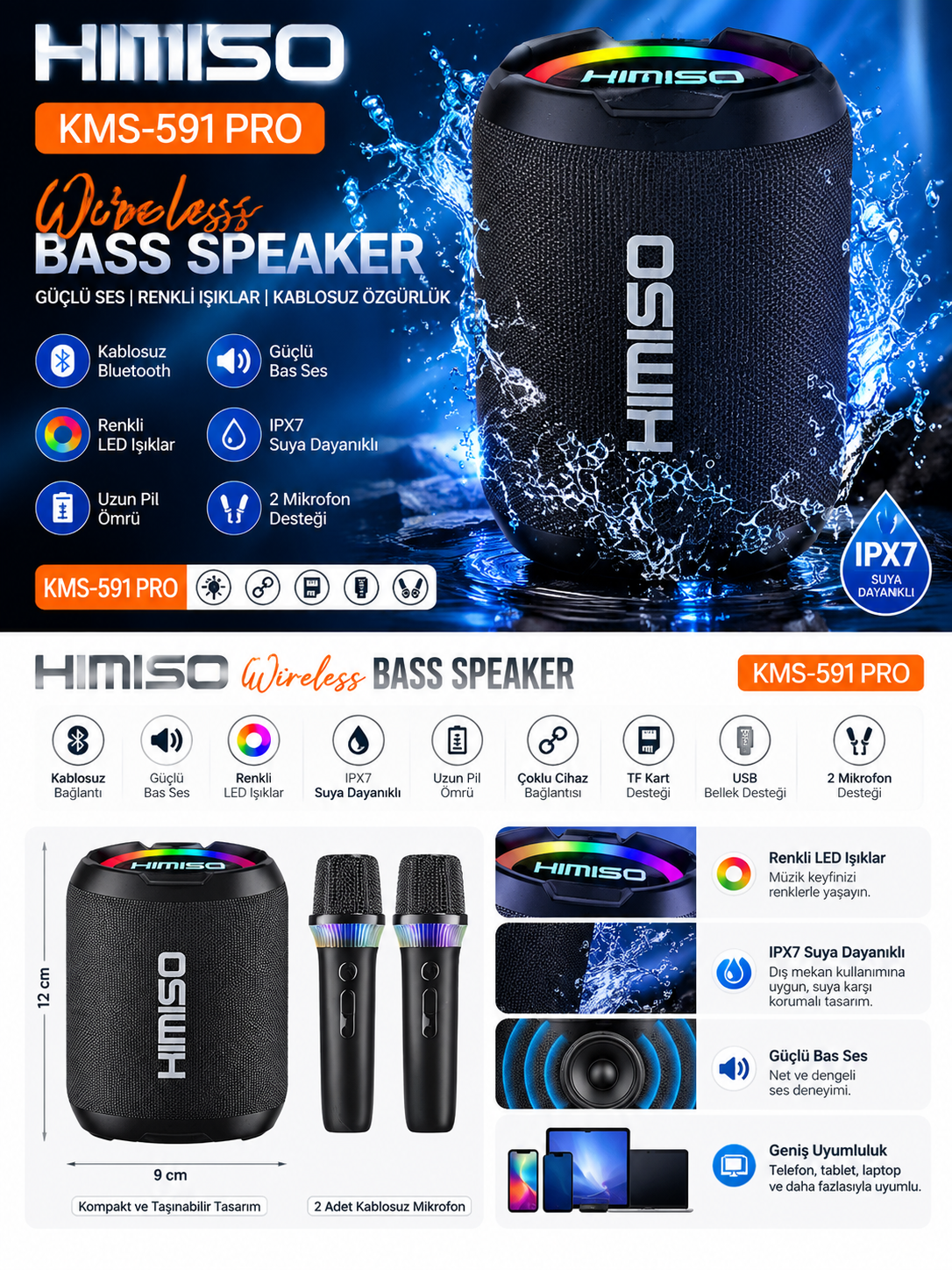 KIMISO KMS-391 PRO 2 Mikrofonlu Kablosuz Karaoke Hoparlör RGB LED Işıklı Taşınabilir Bass Speaker Siyah