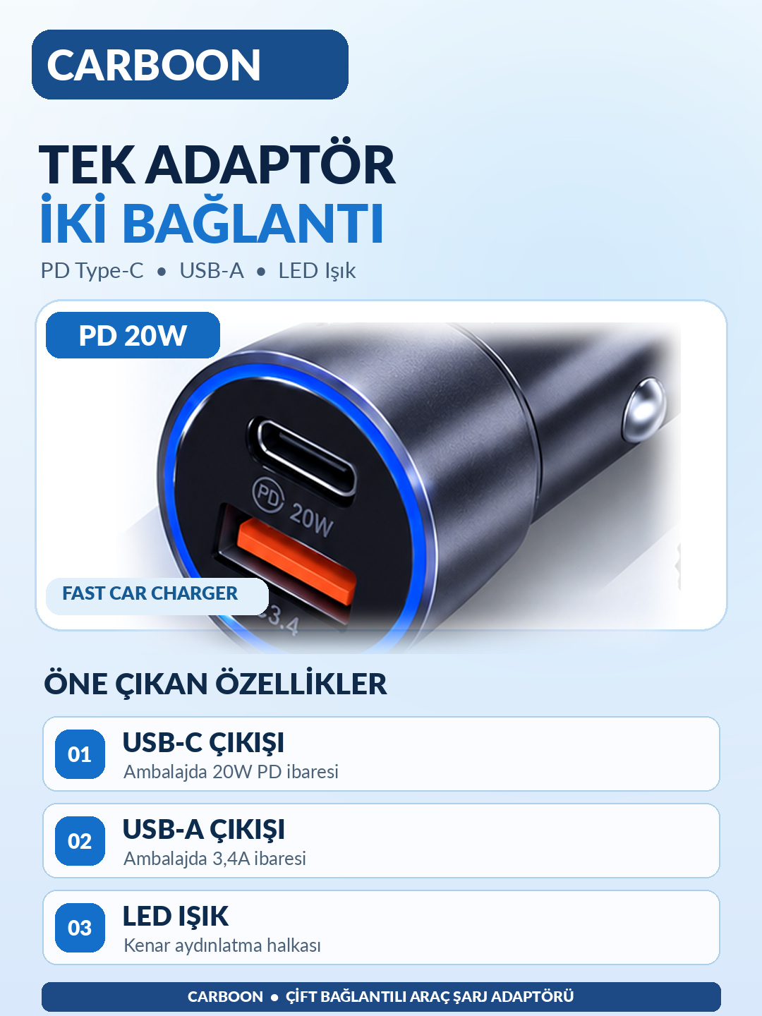 CARBOON 20W PD Type-C 3.4A USB-A Çift Çıkışlı Hızlı Araç Şarj Adaptörü LED Işıklı Çakmaklık Şarj Cihazı