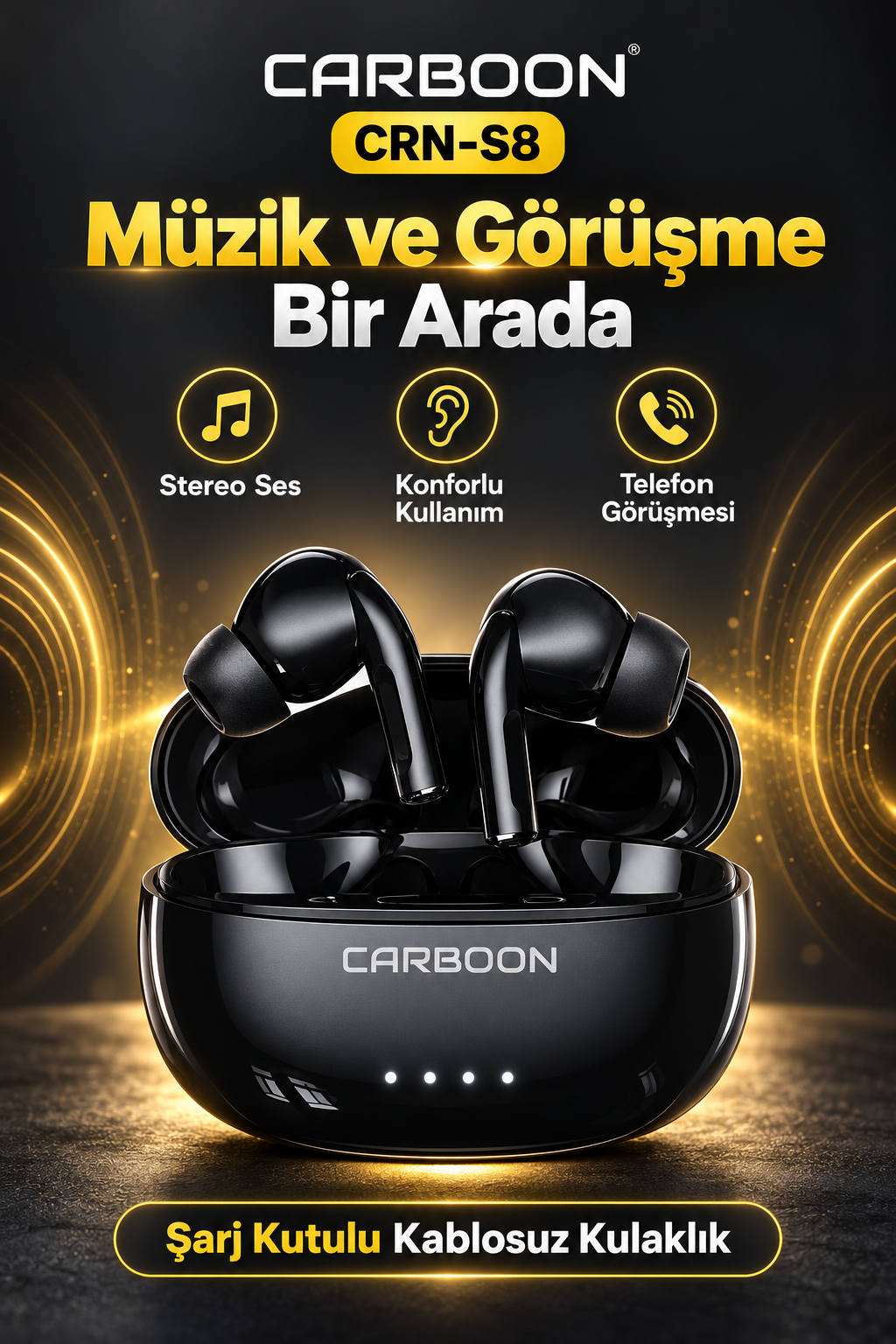 CARBOON CRN-S8 Kablosuz 5.4 Kulak İçi Kulaklık – Hi-Fi Stereo Ses, Şarj Kutulu, Siyah