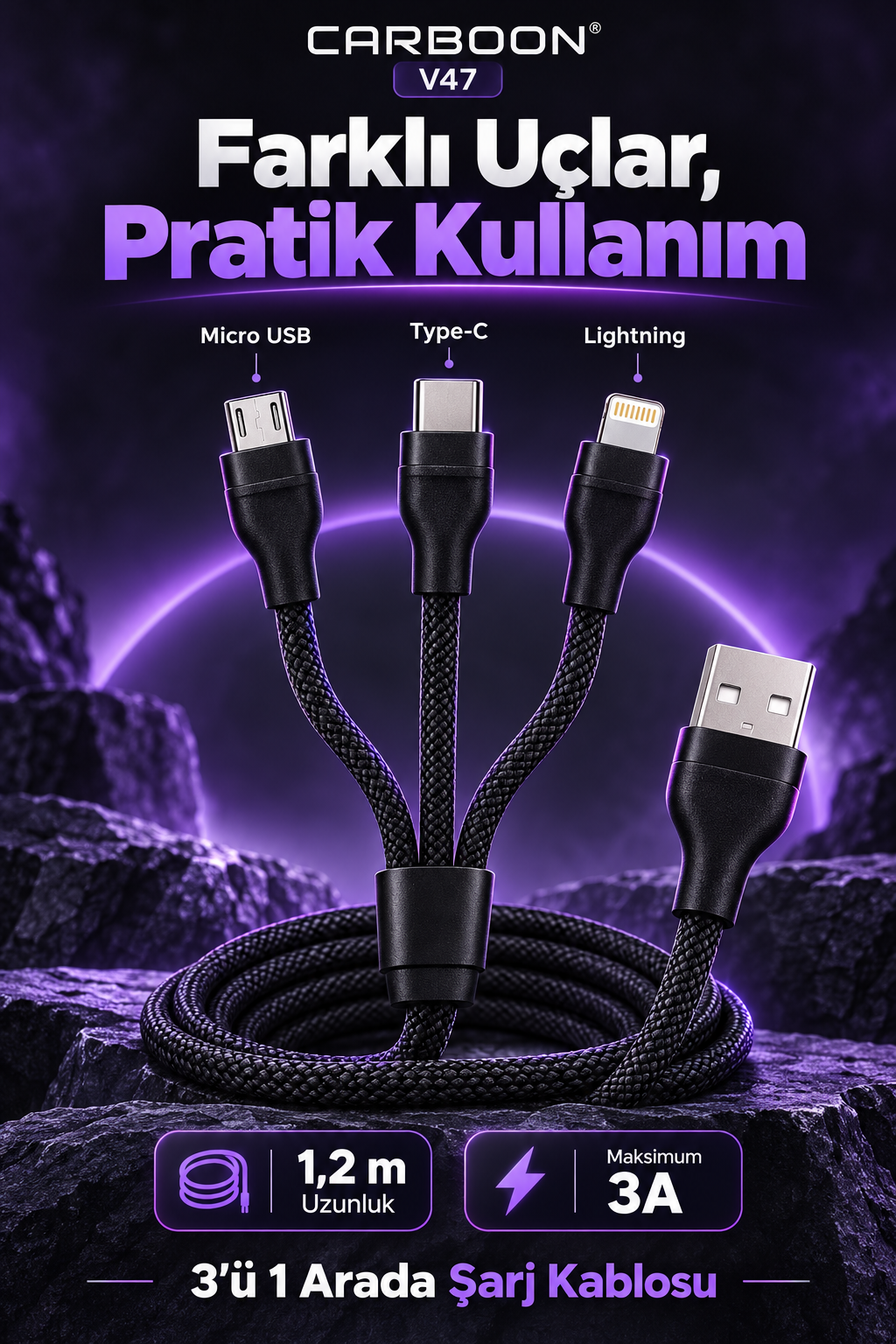 CARBOON V47 3’ü 1 Arada Örgülü Şarj Kablosu – Type-C, Lightning, Micro USB – 1,2 Metre, Maksimum 3A