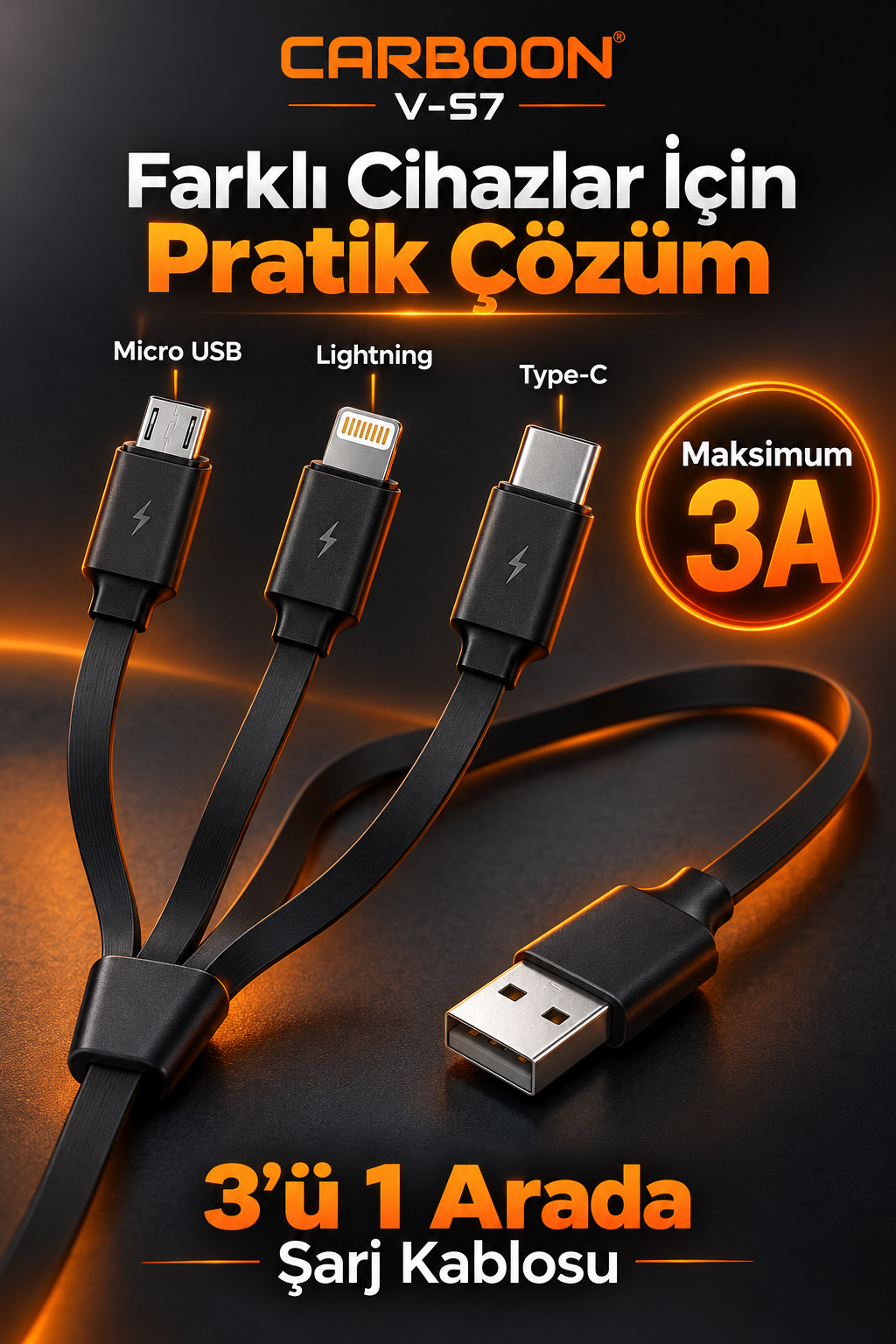 CARBOON V-S7 3’ü 1 Arada Şarj Kablosu – Type-C, Micro USB ve Lightning Uçlu, Maksimum 3A, Siyah
