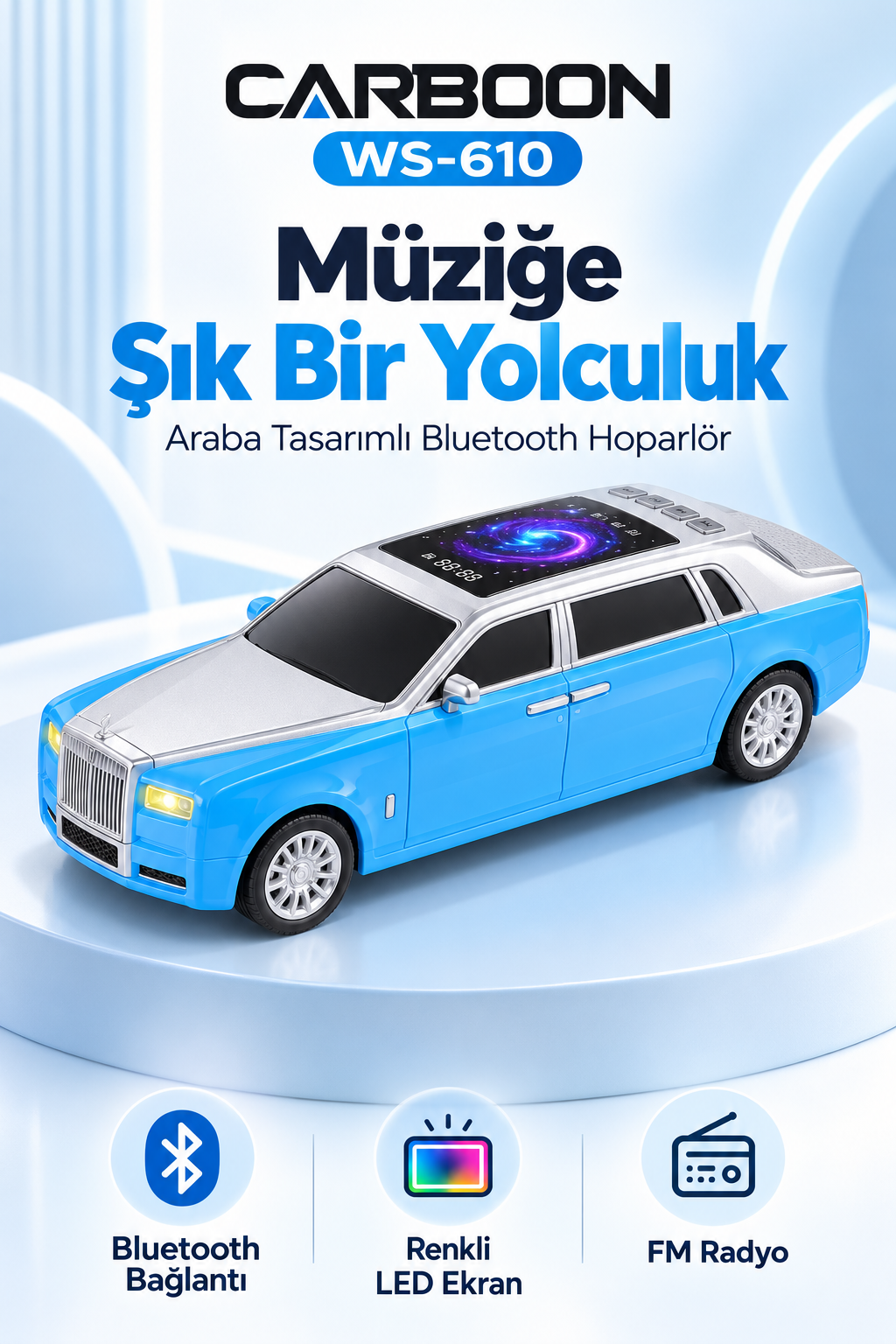 CARBOON WS-610 Araba Tasarımlı Bluetooth Hoparlör – Renkli LED Ekran, USB, TF Kart ve FM Radyo – Mavi