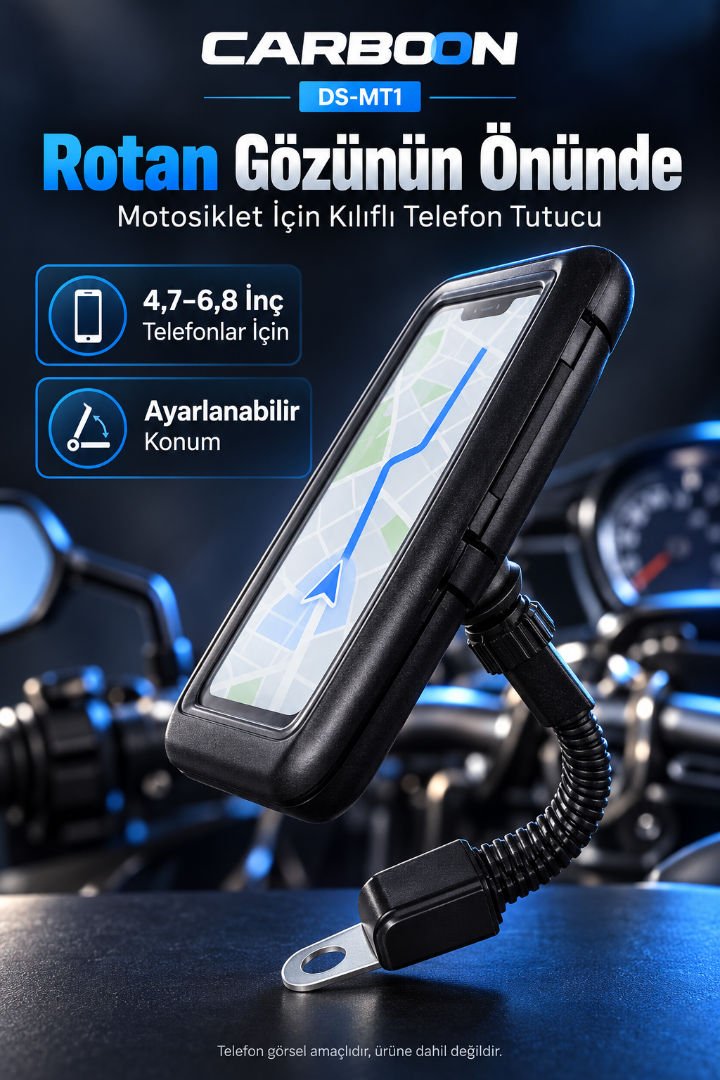 CARBOON DS-MT1 Kılıflı Motosiklet Telefon Tutucu – Esnek Kollu, 4,7–6,8 İnç, Siyah