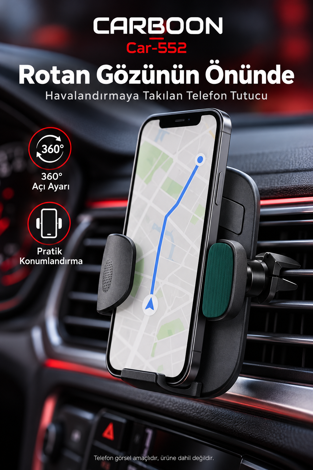 CARBOON Car-552 Araç İçi Havalandırma Telefon Tutucu – 360° Açı Ayarlı, Yan Kavramalı, Siyah