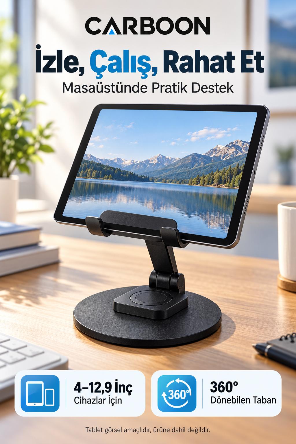 CARBOON Katlanabilir Masaüstü Telefon ve Tablet Standı – 360° Döner Taban, 4–12,9 İnç Uyumlu, Siyah