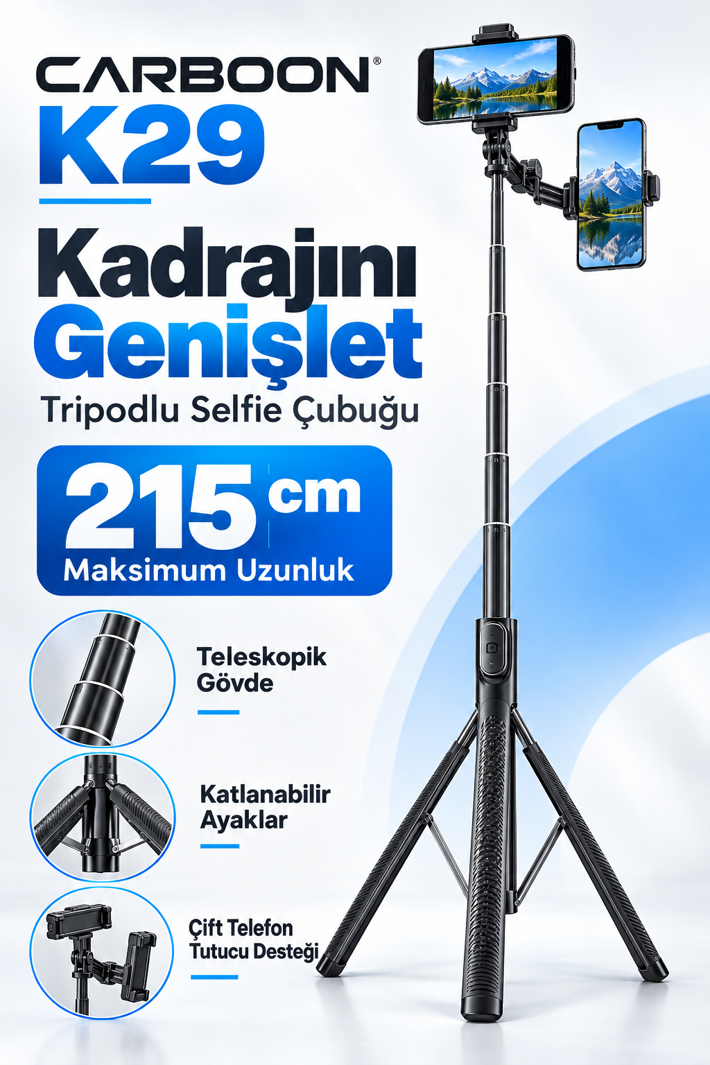CARBOON K29 215 cm Tripodlu Selfie Çubuğu – Çift Telefon Tutucu Destekli, Teleskopik ve Katlanabilir, Siyah