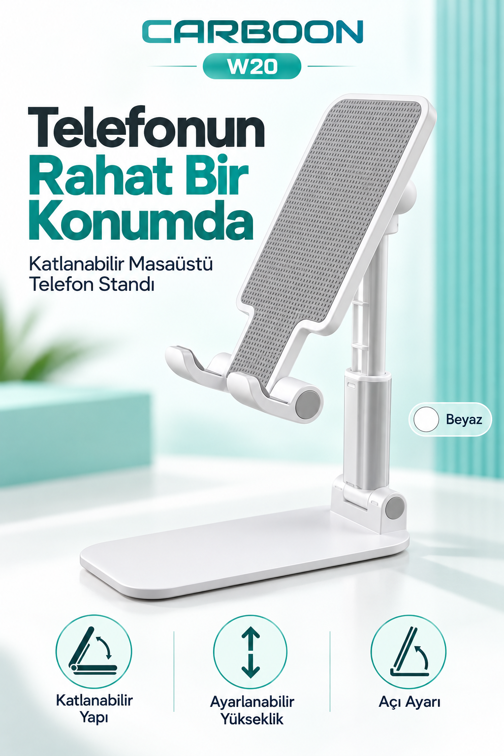 CARBOON W20 Katlanabilir Masaüstü Telefon Standı – Yükseklik ve Açı Ayarlı, Beyaz