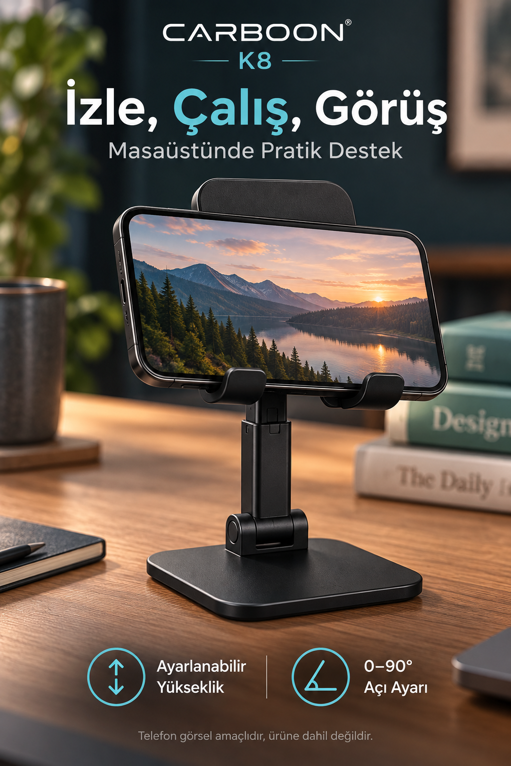CARBOON K8 Katlanabilir Teleskopik Telefon ve Tablet Standı – 0–90° Açı Ayarlı, Siyah