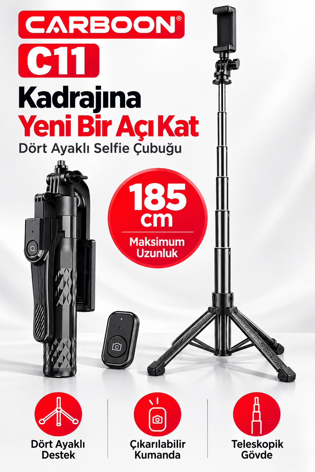 CARBOON C11 185 cm Kumandalı Selfie Çubuğu – Dört Ayaklı, Teleskopik ve Katlanabilir Telefon Standı, Siyah