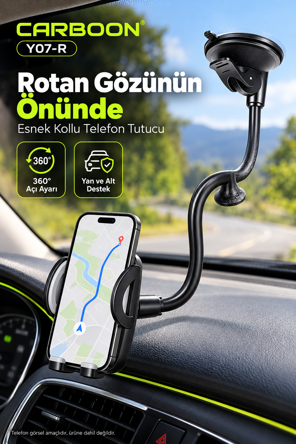 CARBOON Y07-R Vantuzlu Araç İçi Telefon Tutucu – Uzun Esnek Kollu, 360° Dönebilen, Siyah-Gri