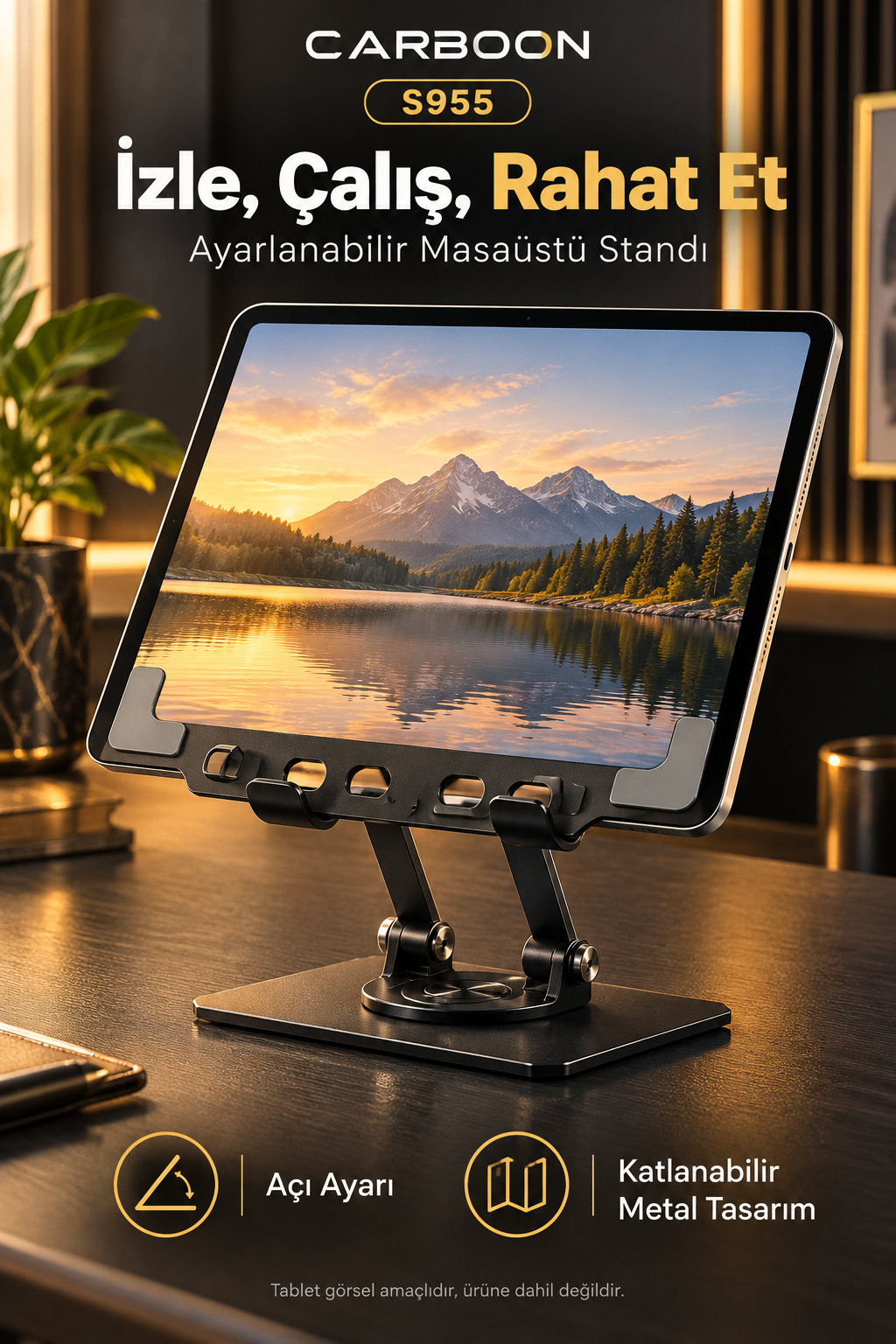 CARBOON S955 Katlanabilir Metal Telefon ve Tablet Standı – Çift Destek Kollu, Açı Ayarlı, Siyah