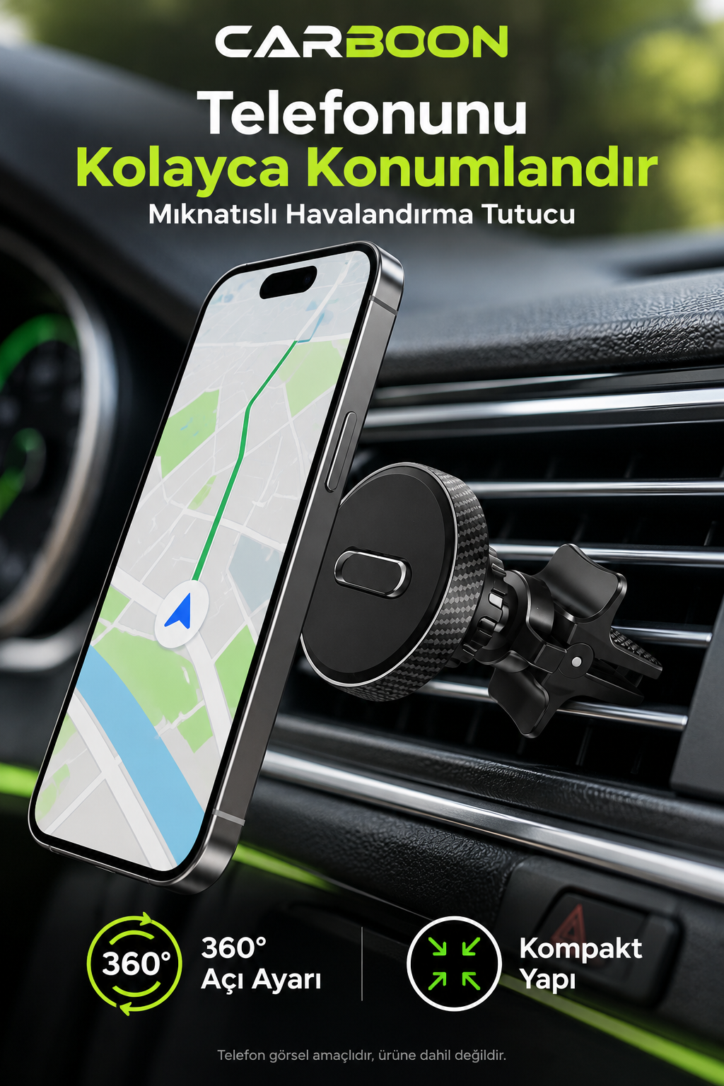 CARBOON Mıknatıslı Araç İçi Telefon Tutucu – 360° Dönebilen, Havalandırma Klipsli, Siyah